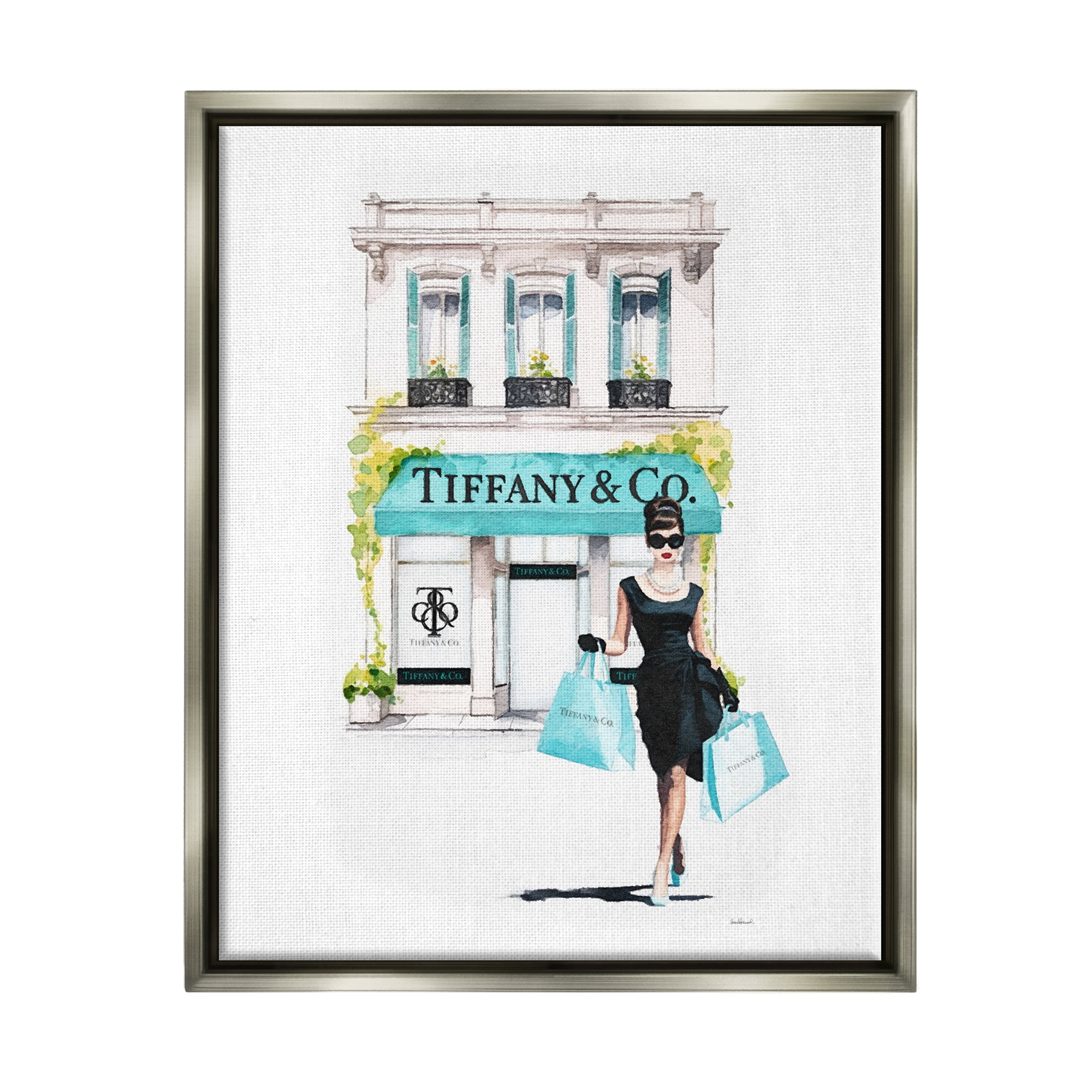 Stupell Industries Girl with Shopping Bags Town & City Painting Gray Floater Framed Canvas Art Print Wall Art, 17 x 21