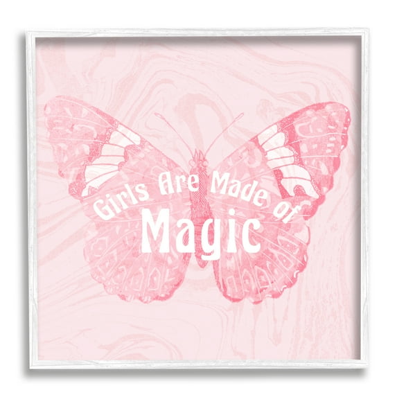 Stupell Industries Girls Are Made of Magic Pink Patterned Butterfly Animals & Insects Painting White Framed Art Print Wall Art, 12 x 12