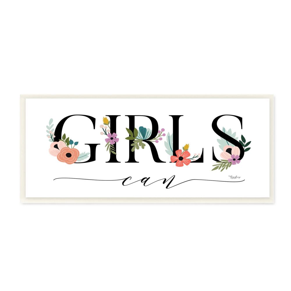 Stupell Industries Girls Can Flower Inspirational Word Design Wall Plaque by Gigi Louise, 7" x 7", Wall Plaque