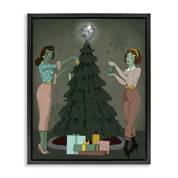 Stupell Industries Girls & Christmas Tree Holiday Painting Black Floater Framed Art Print Wall Art, 17 x 21