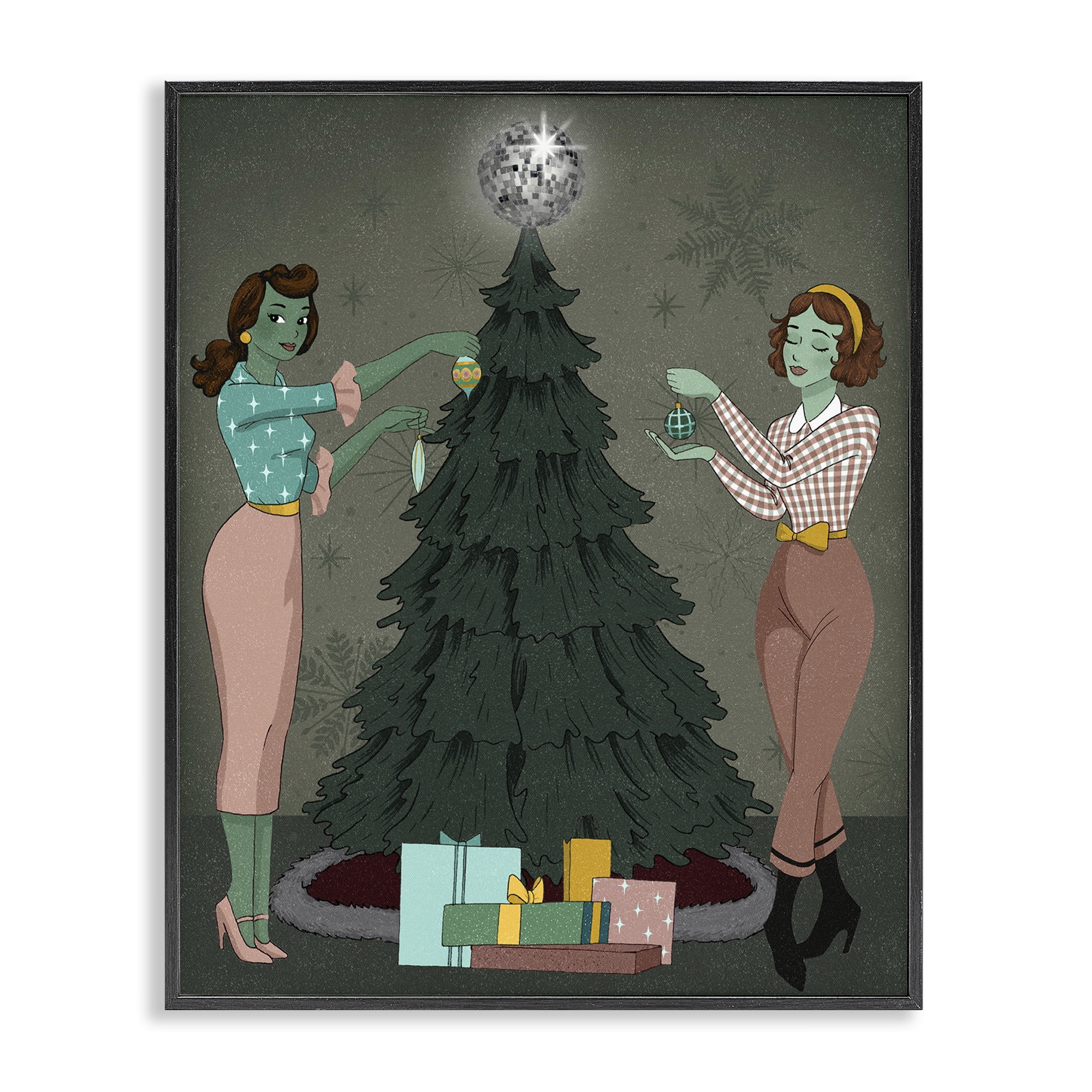 Stupell Industries Girls & Christmas Tree Holiday Painting Black Framed Art Print Wall Art, 11 x 14