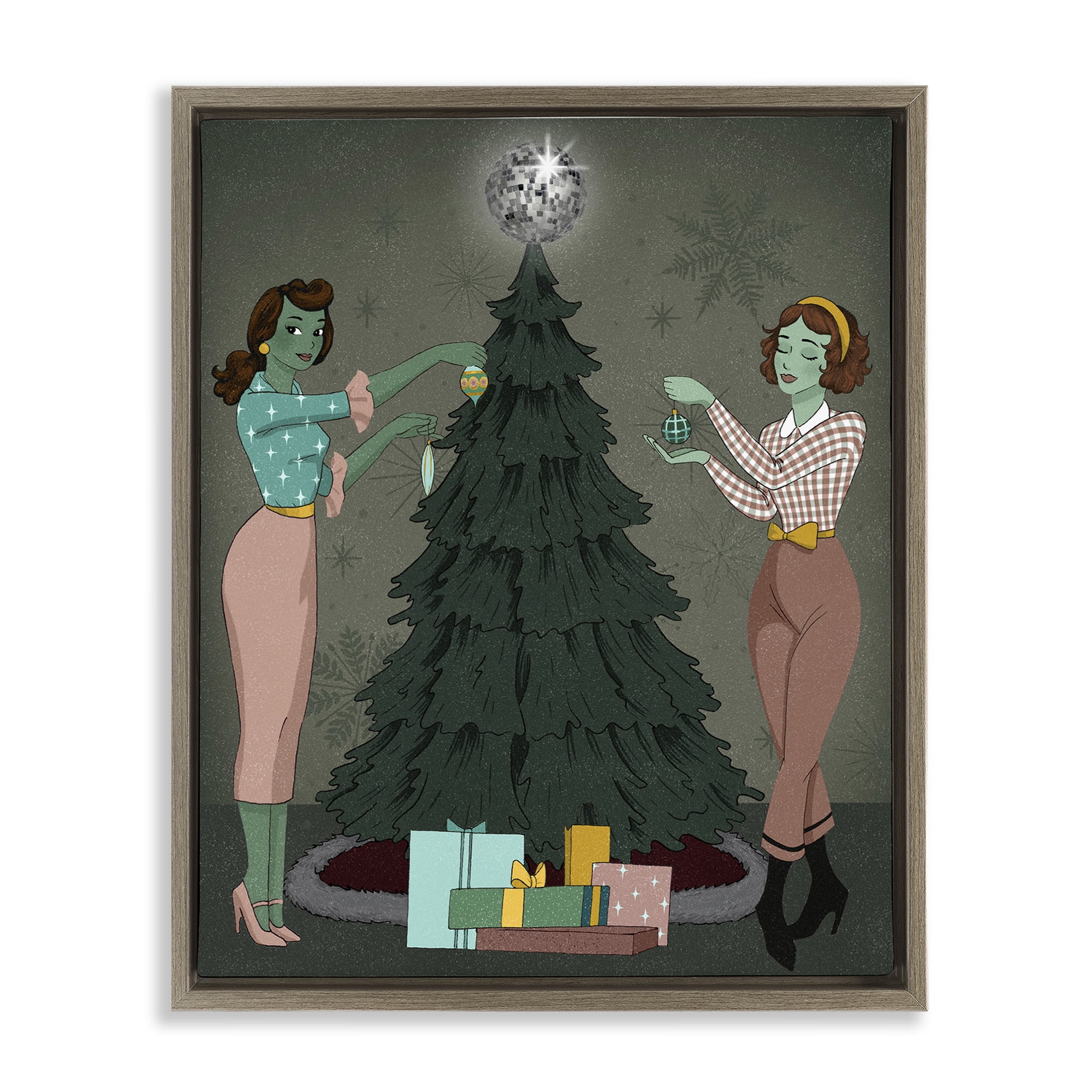 Stupell Industries Girls & Christmas Tree Holiday Painting Brown Floater Framed Art Print Wall Art, 25 x 31