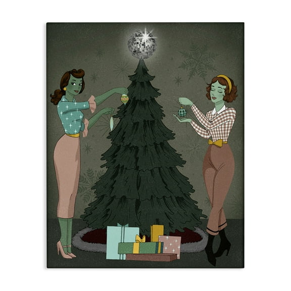 Stupell Industries Girls & Christmas Tree Holiday Painting Gallery Wrapped Canvas Art Print Wall Art, 16 x 20