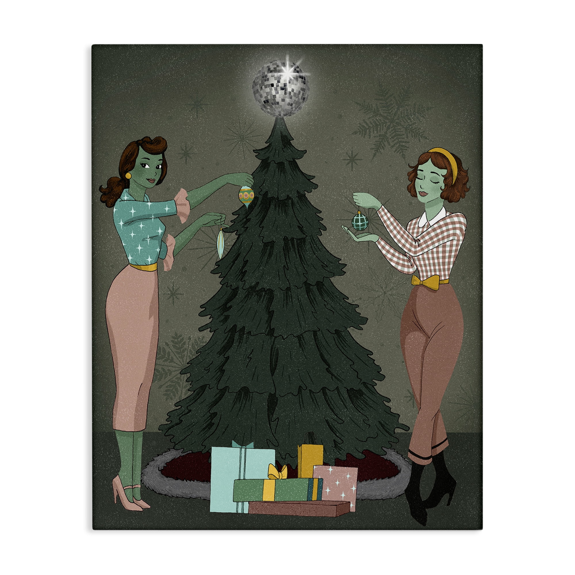 Stupell Industries Girls & Christmas Tree Holiday Painting Gallery Wrapped Canvas Art Print Wall Art, 36 x 48
