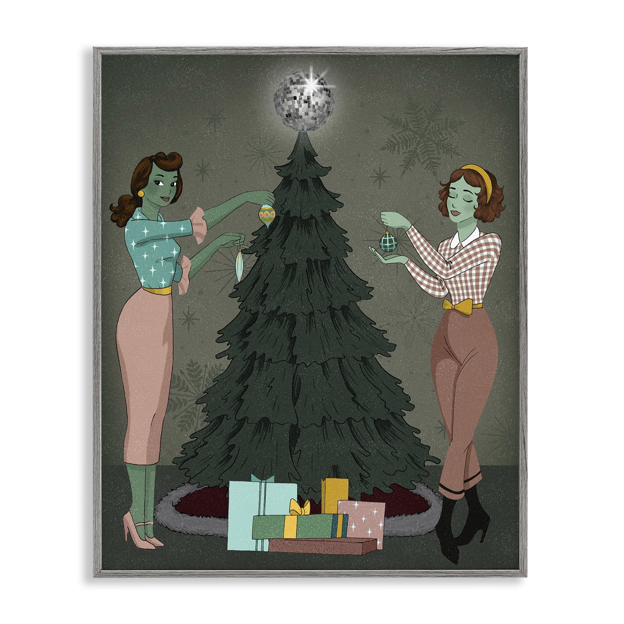 Stupell Industries Girls & Christmas Tree Holiday Painting Gray Framed Art Print Wall Art, 24 x 30