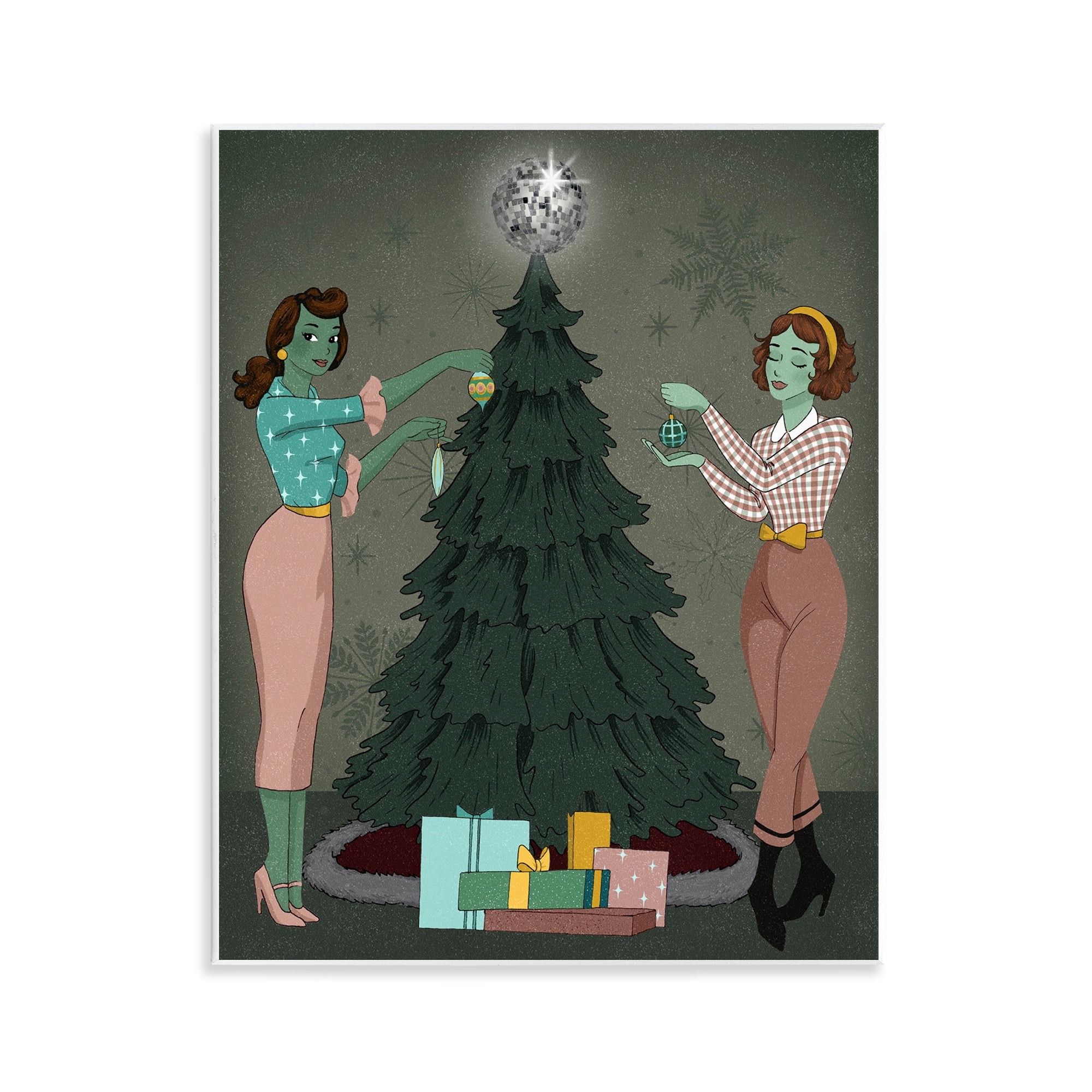 Stupell Industries Girls & Christmas Tree Holiday Painting Unframed Art Print Wall Art, 11 x 14