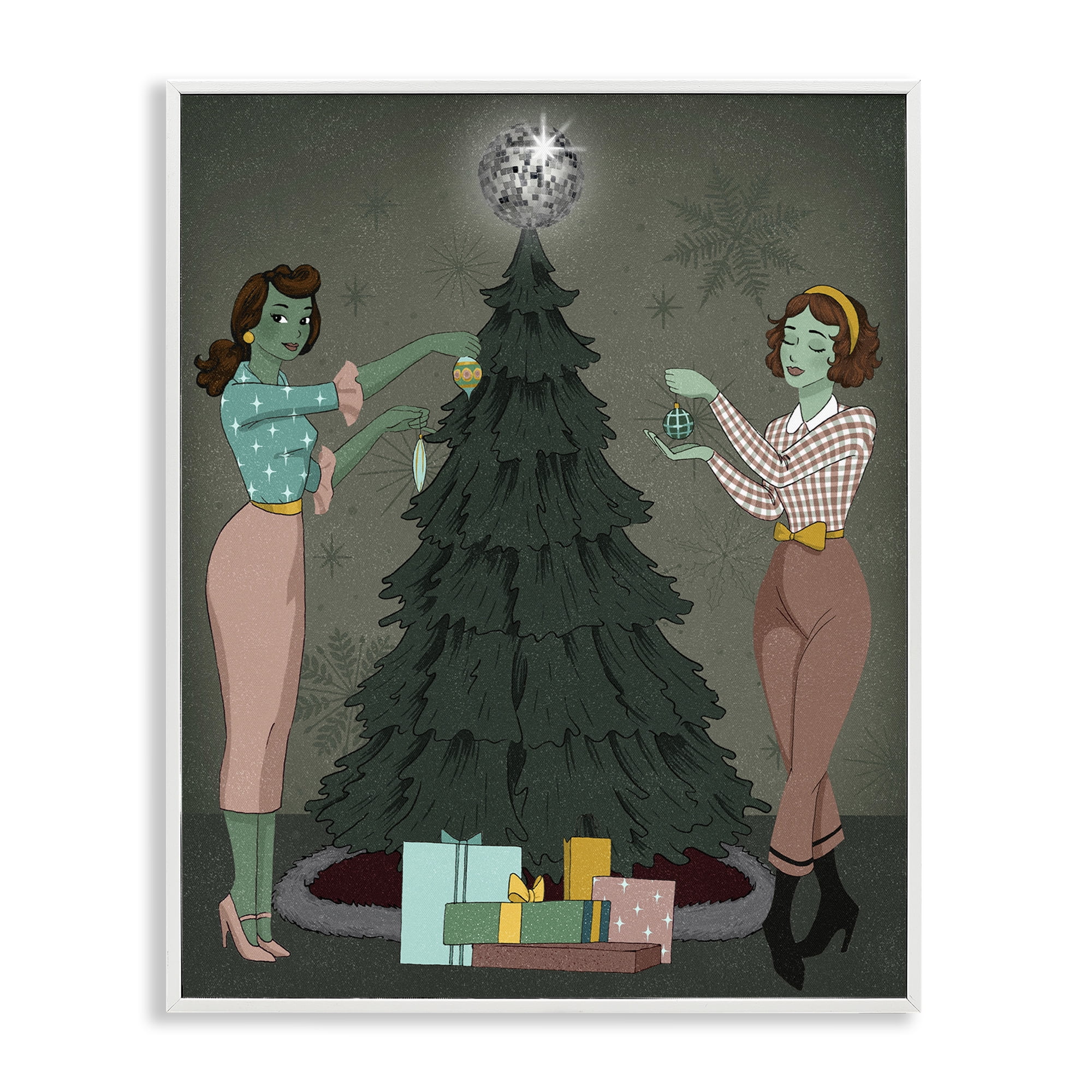 Stupell Industries Girls & Christmas Tree Holiday Painting White Framed Art Print Wall Art, 16 x 20