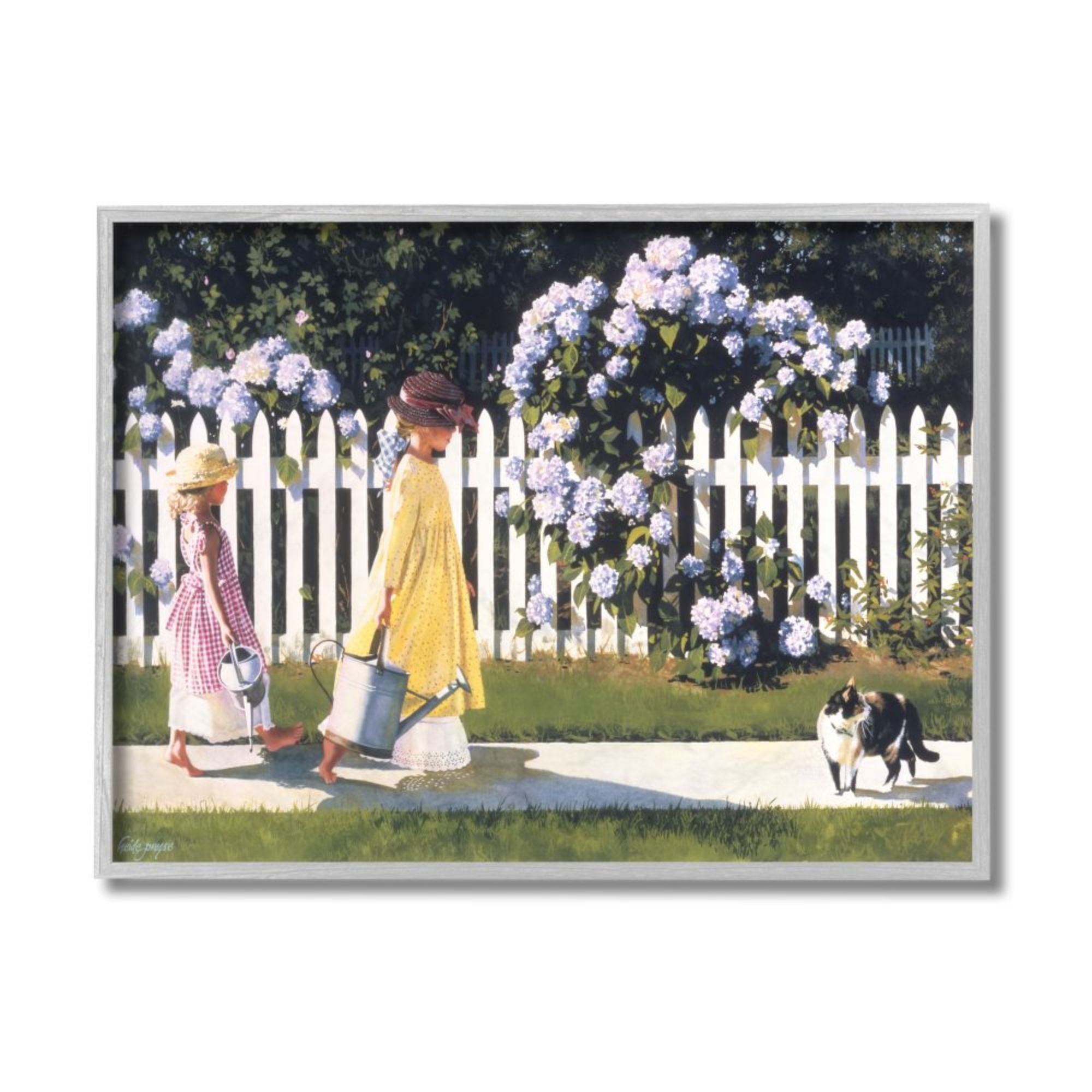 Stupell Industries Girls Gardening Neighborhood Sidewalk Picket Fence Design by Heide Presse, 11" x 14", Gray Framed