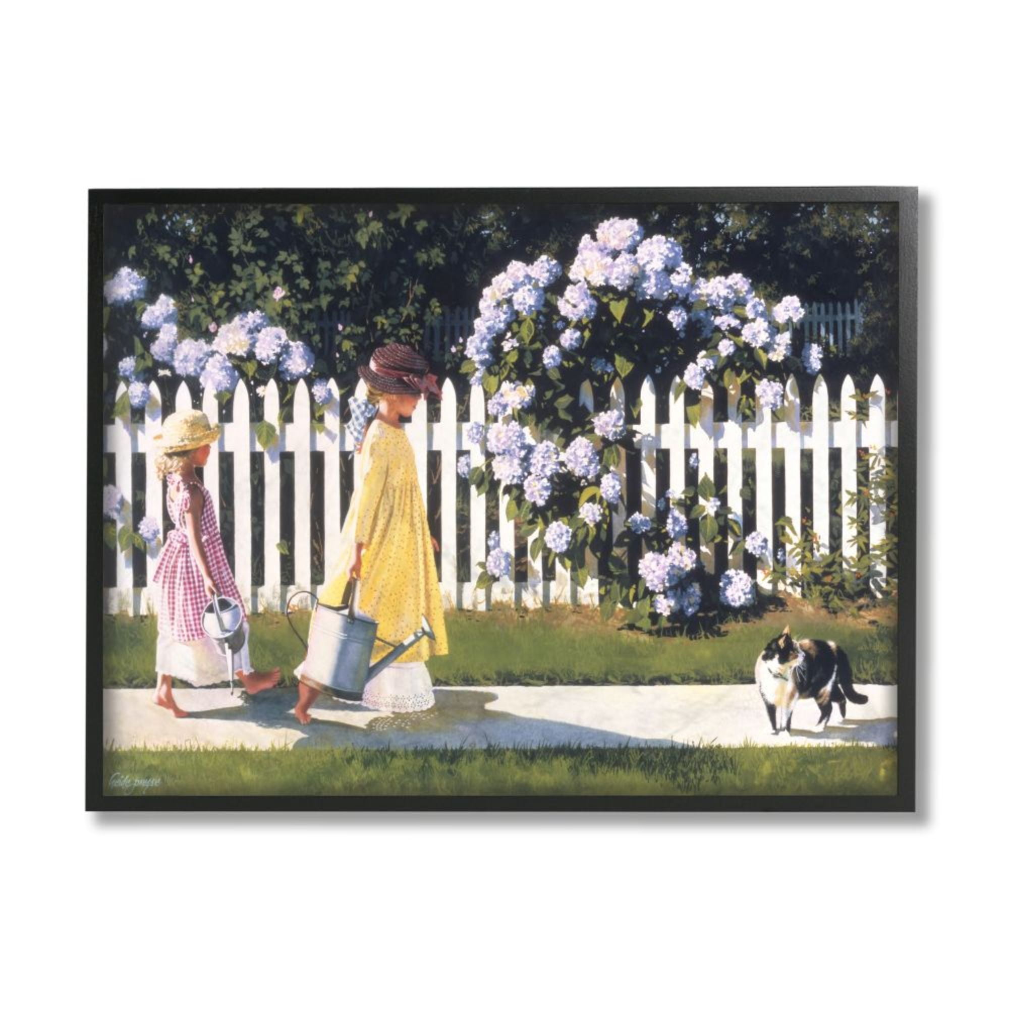 Stupell Industries Girls Gardening Neighborhood Sidewalk Picket Fence Design by Heide Presse, 24" x 30", Black Framed