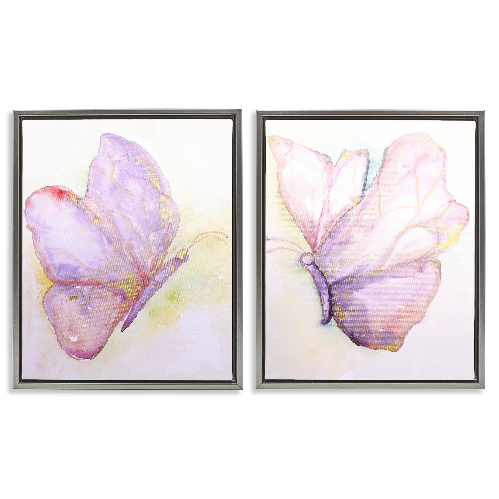 Stupell Industries Girls Glam Butterfly Wings Animals & Insects Painting Gray Floater Framed Canvas Art Print Wall Art, 25 x 31, Set of 2