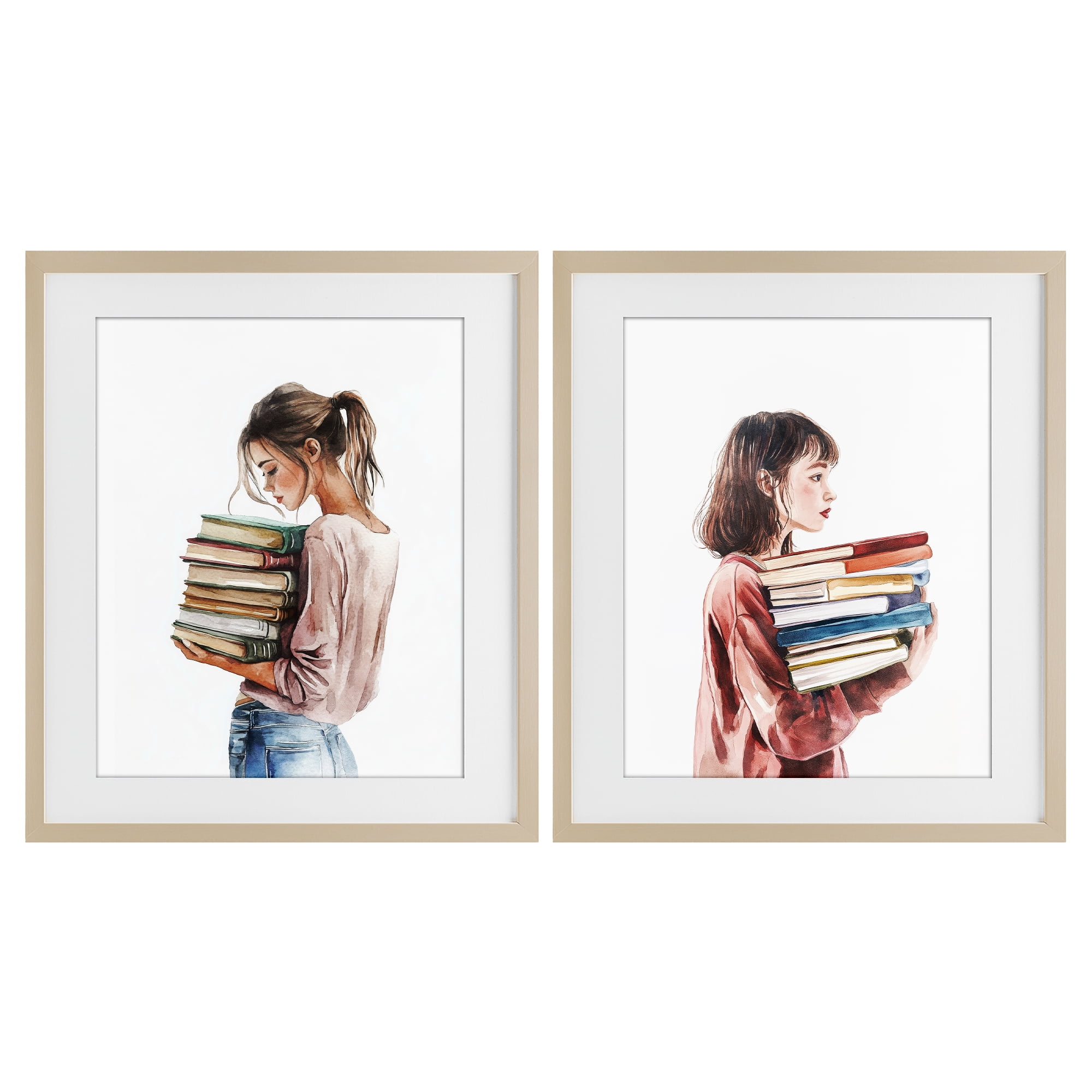 Stupell Industries Girls & Library Book Stacks 2 Piece Birch Framed Print Under Glass Set, design by Svetlana Aleynikova