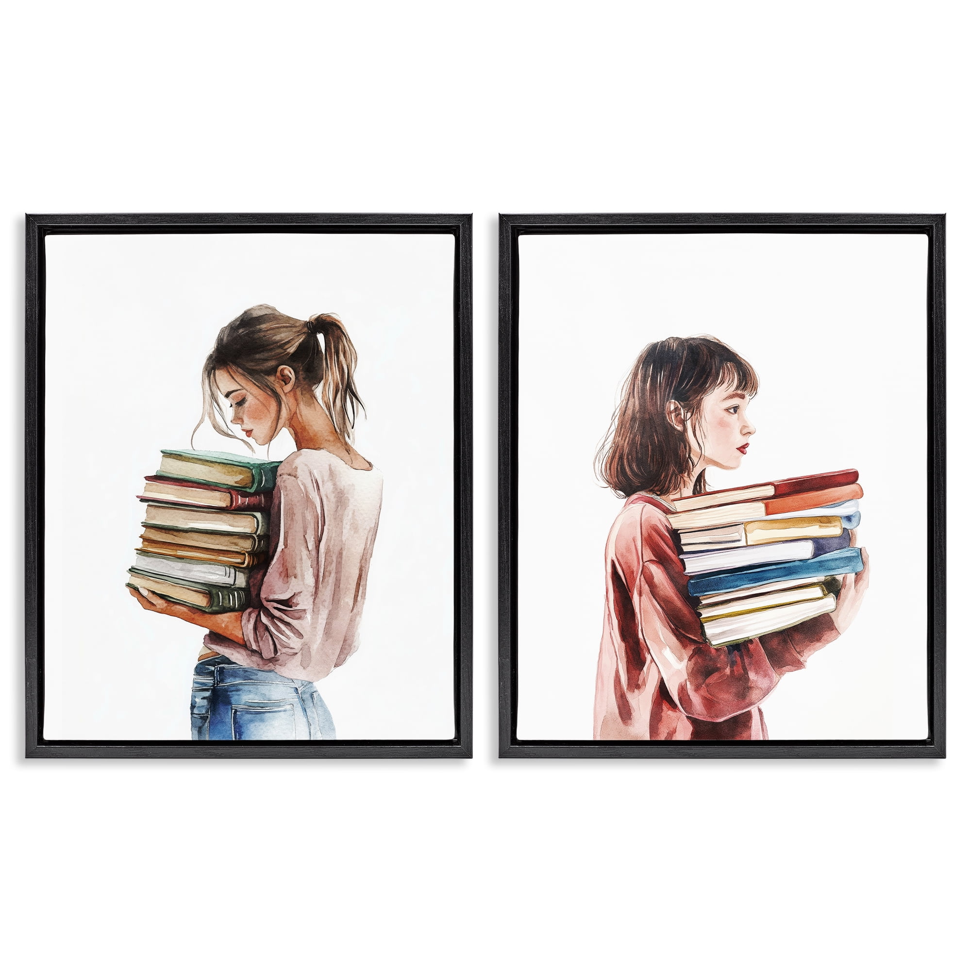 Stupell Industries Girls & Library Book Stacks 2 Piece Black Framed Floater Canvas Set, design by Svetlana Aleynikova