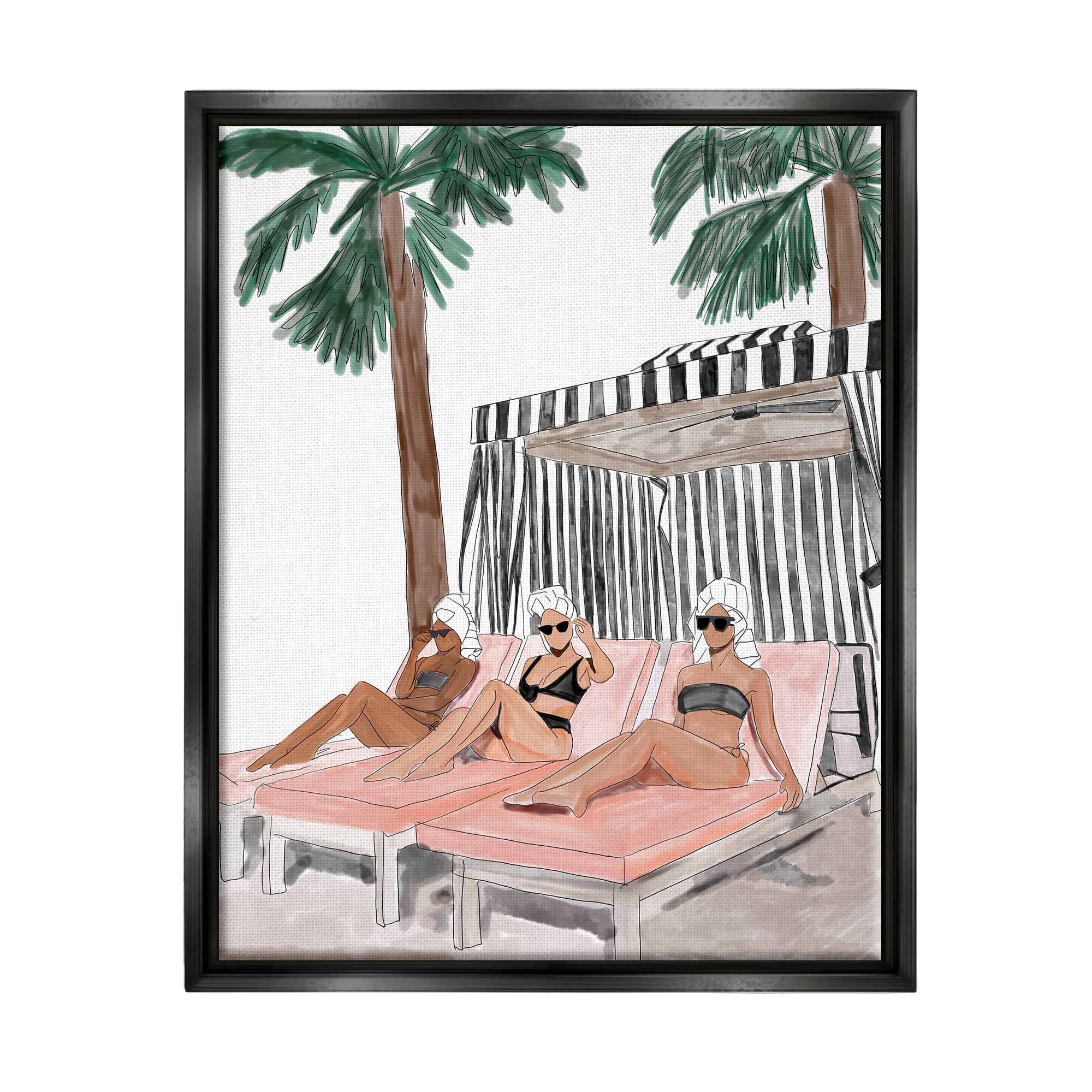 Stupell Industries Girls Lounging Tropical Vacation Coastal Painting Black Floater Framed Art Print Wall Art
