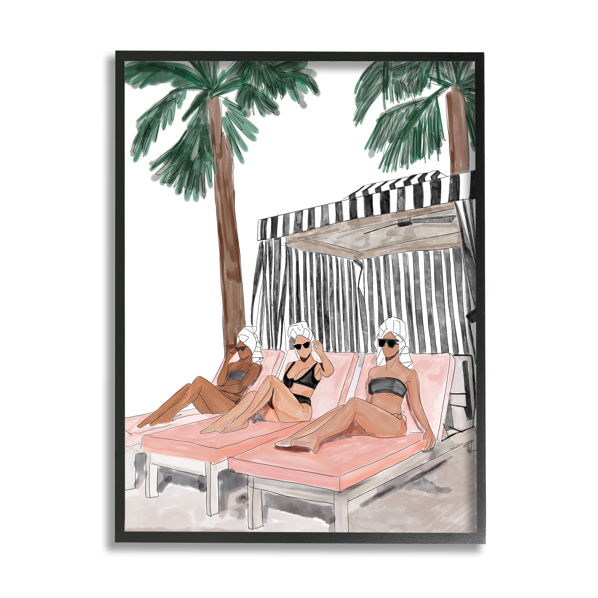 Stupell Industries Girls Lounging Tropical Vacation Coastal Painting Black Framed Art Print Wall Art