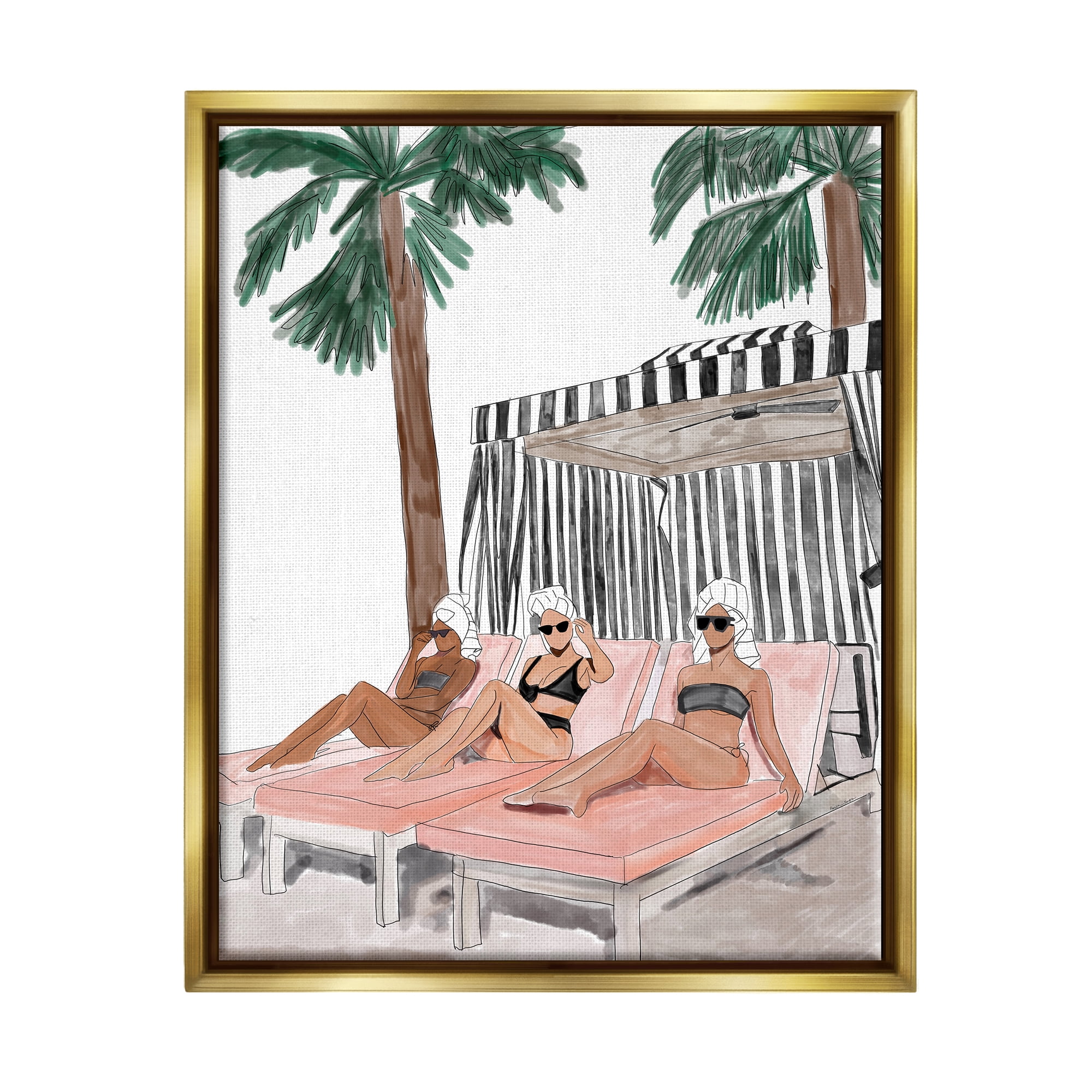 Stupell Industries Girls Lounging Tropical Vacation Coastal Painting Gold Floater Framed Art Print Wall Art