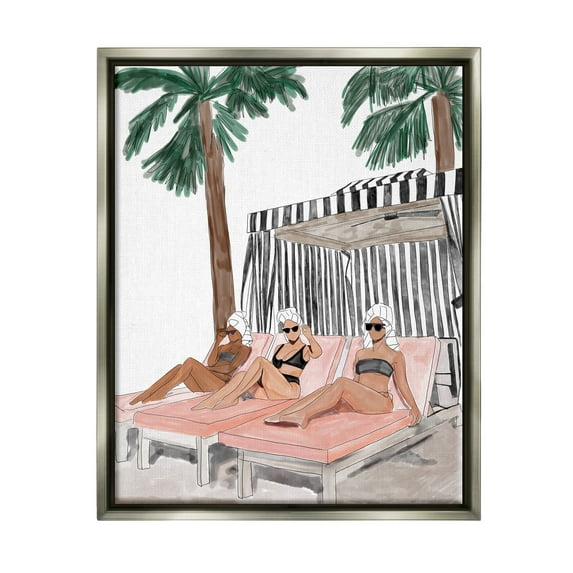 Stupell Industries Girls Lounging Tropical Vacation Coastal Painting Gray Floater Framed Art Print Wall Art