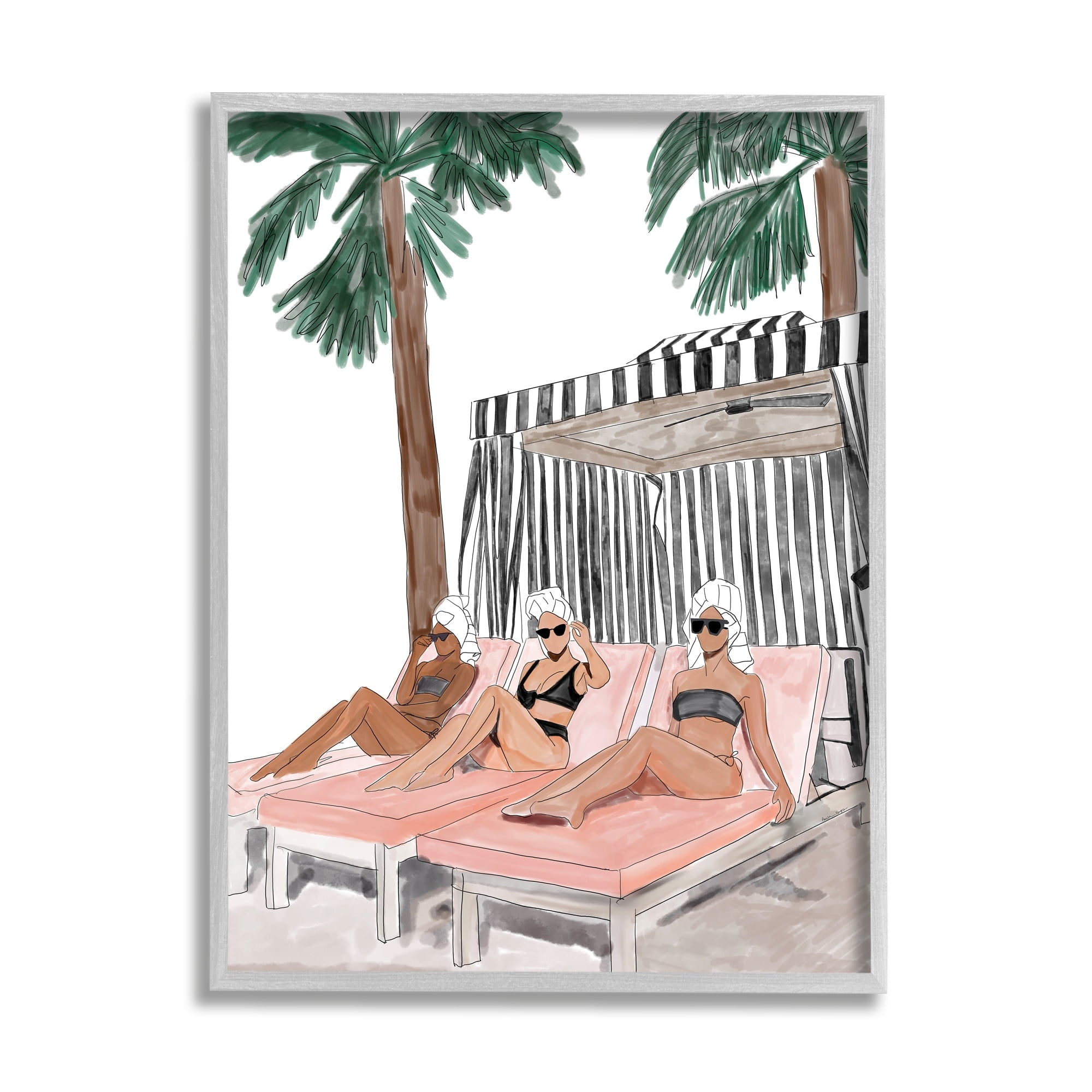 Stupell Industries Girls Lounging Tropical Vacation Coastal Painting Gray Framed Art Print Wall Art