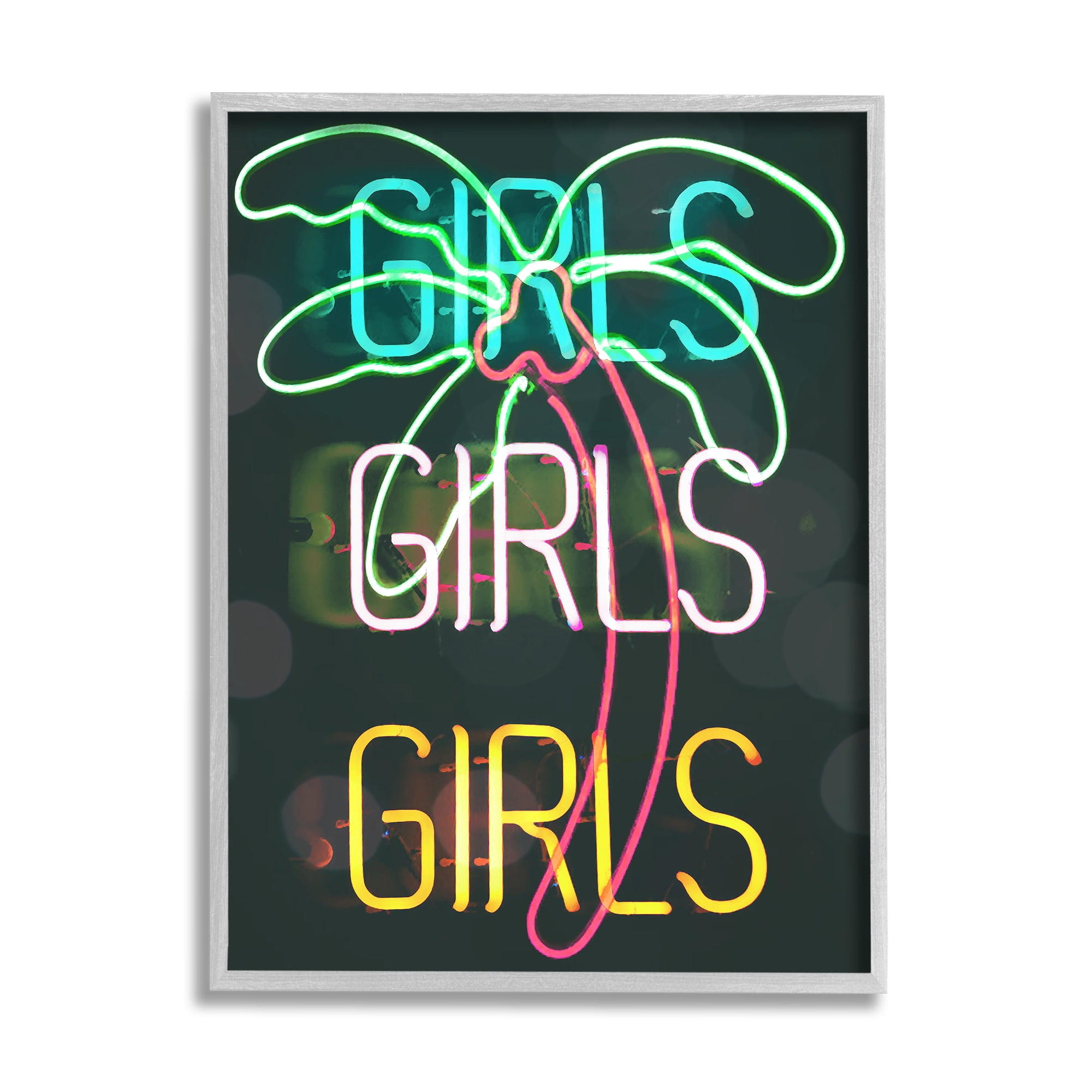 Stupell Industries Girls Neon Style Palm Tree Tropical Design Graphic Art Gray Framed Art Print Wall Art, Design by Daphne Polselli
