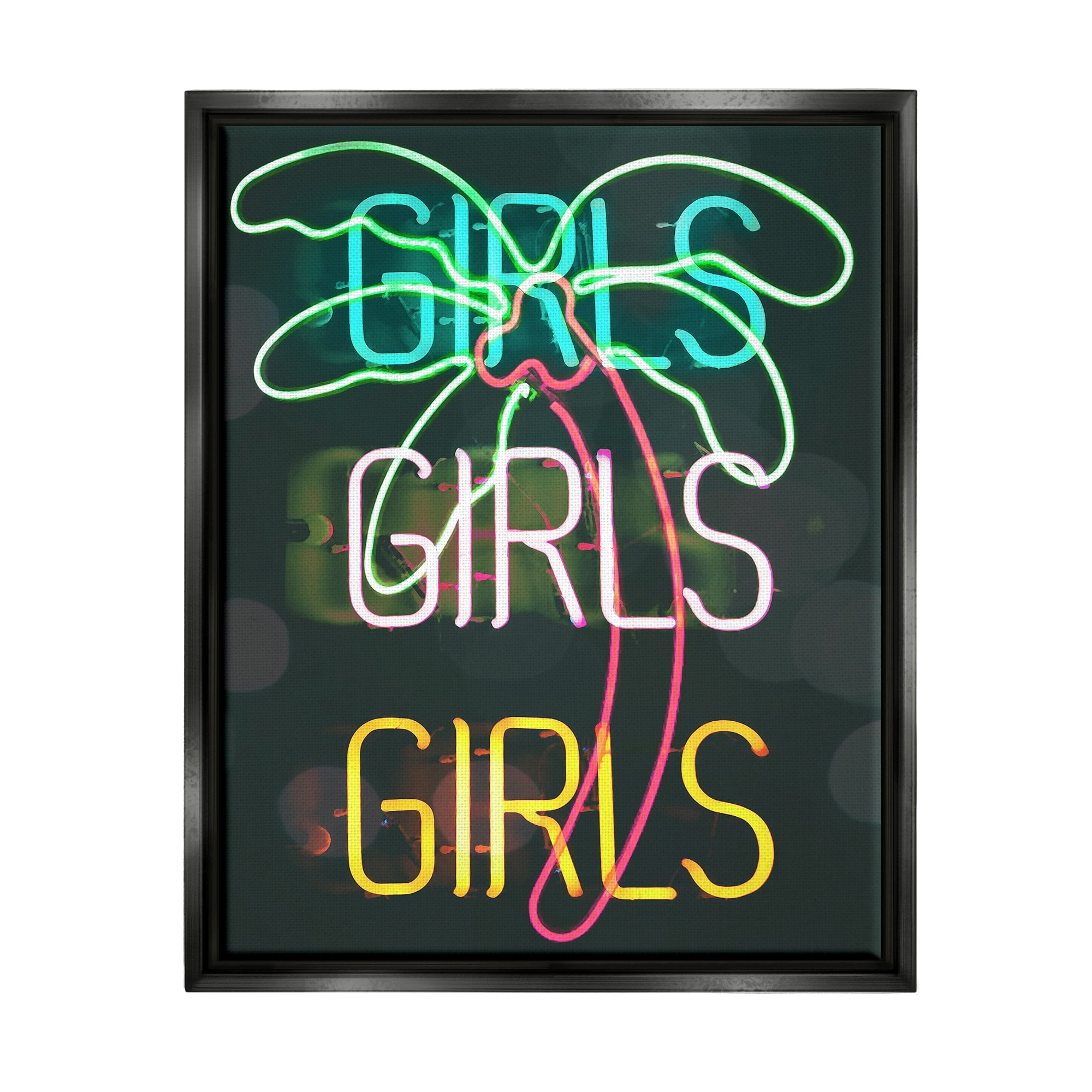 Stupell Industries Girls Neon Style Palm Tree Tropical Design Graphic Art Jet Black Floating Framed Canvas Print Wall Art, Design by Daphne Polselli
