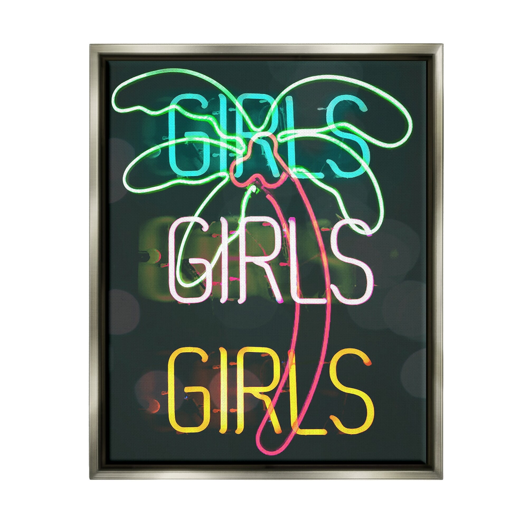 Stupell Industries Girls Neon Style Palm Tree Tropical Design Graphic Art Luster Gray Floating Framed Canvas Print Wall Art, Design by Daphne Polselli