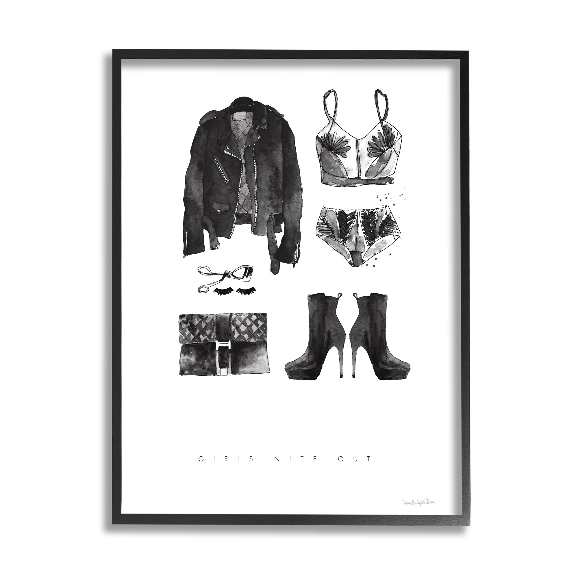 Stupell Industries Girls Nite Out Slang Quote Female Fashion Mood Black Framed, 16 x 20, Design by Mercedes Lopez Charro