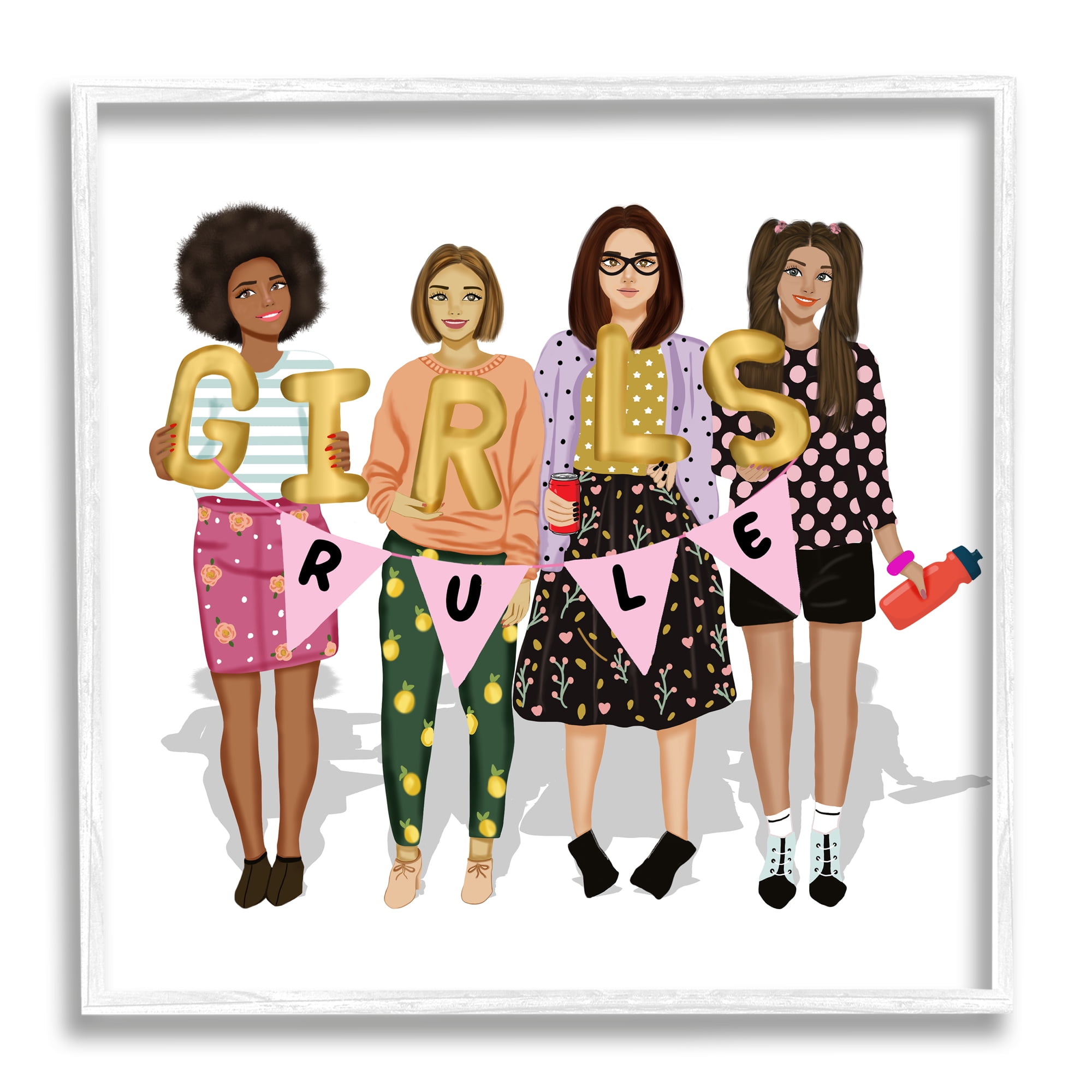 Stupell Industries Girls Rule Inspirational Abstract Painting White Framed Art Print Wall Art, 24 x 24