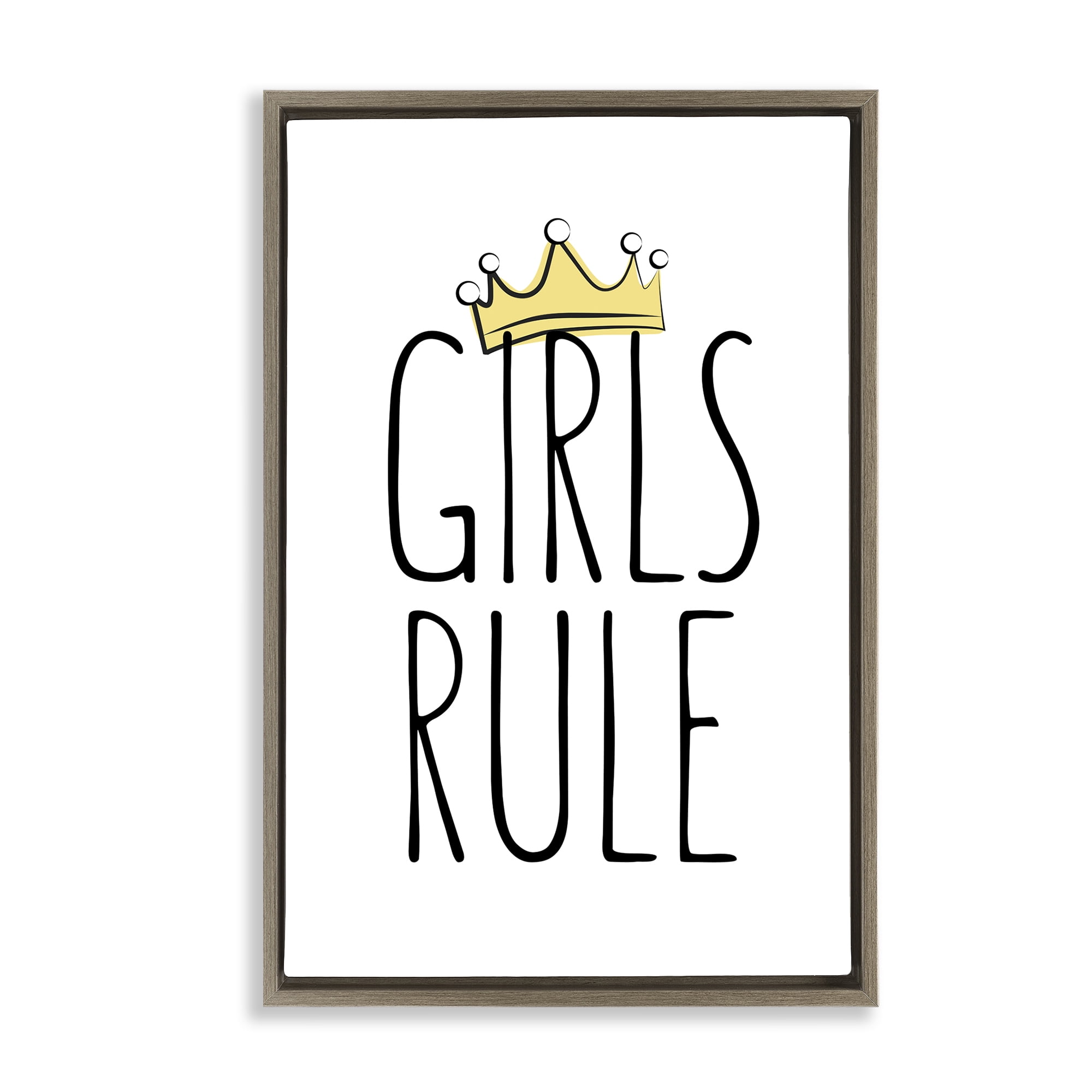 Stupell Industries Girls Rule with Crown Text & Numbers Painting Brown Floater Framed Canvas Art Print Wall Art, 17 x 25