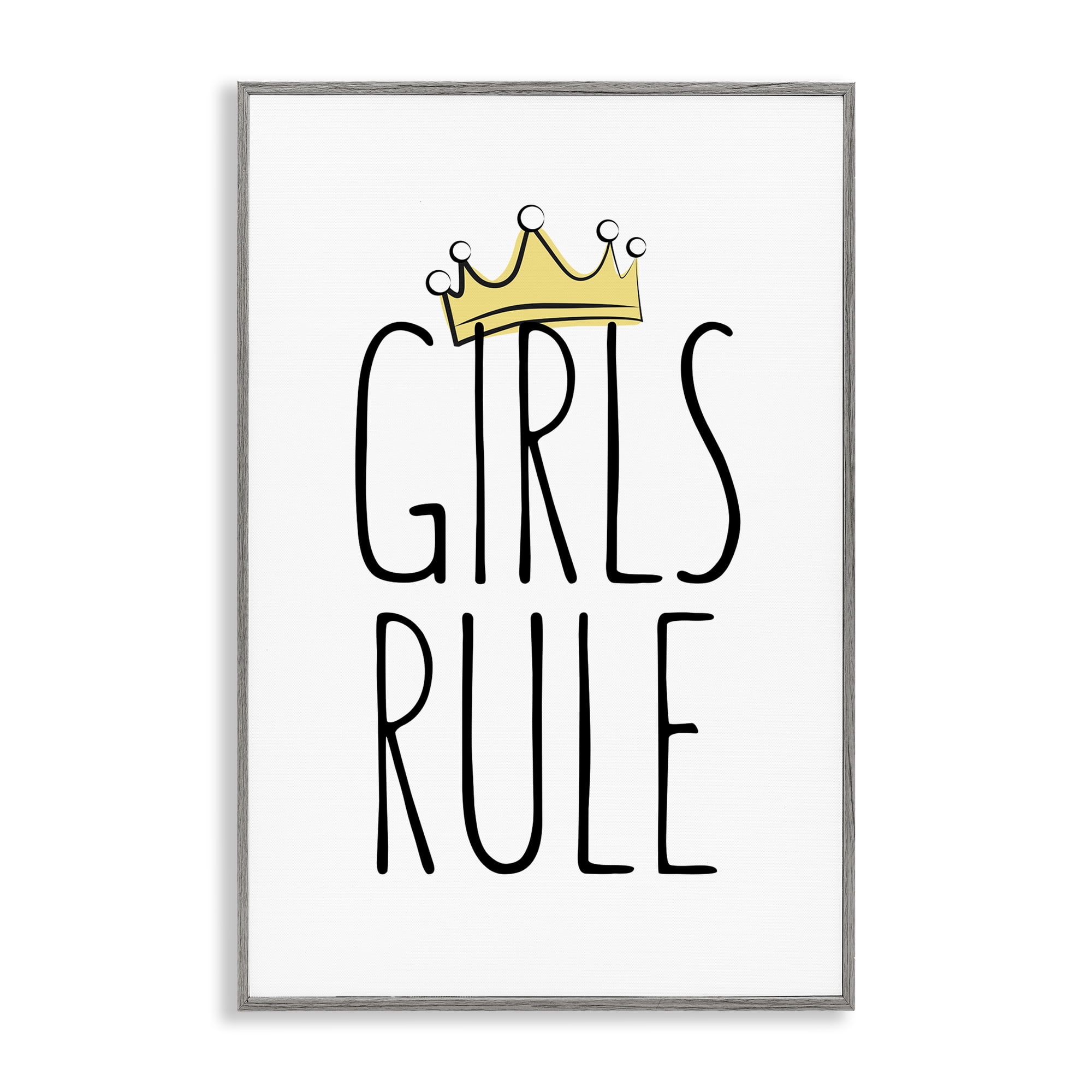 Stupell Industries Girls Rule with Crown Text & Numbers Painting Gray Framed Art Print Wall Art, 12 x 18