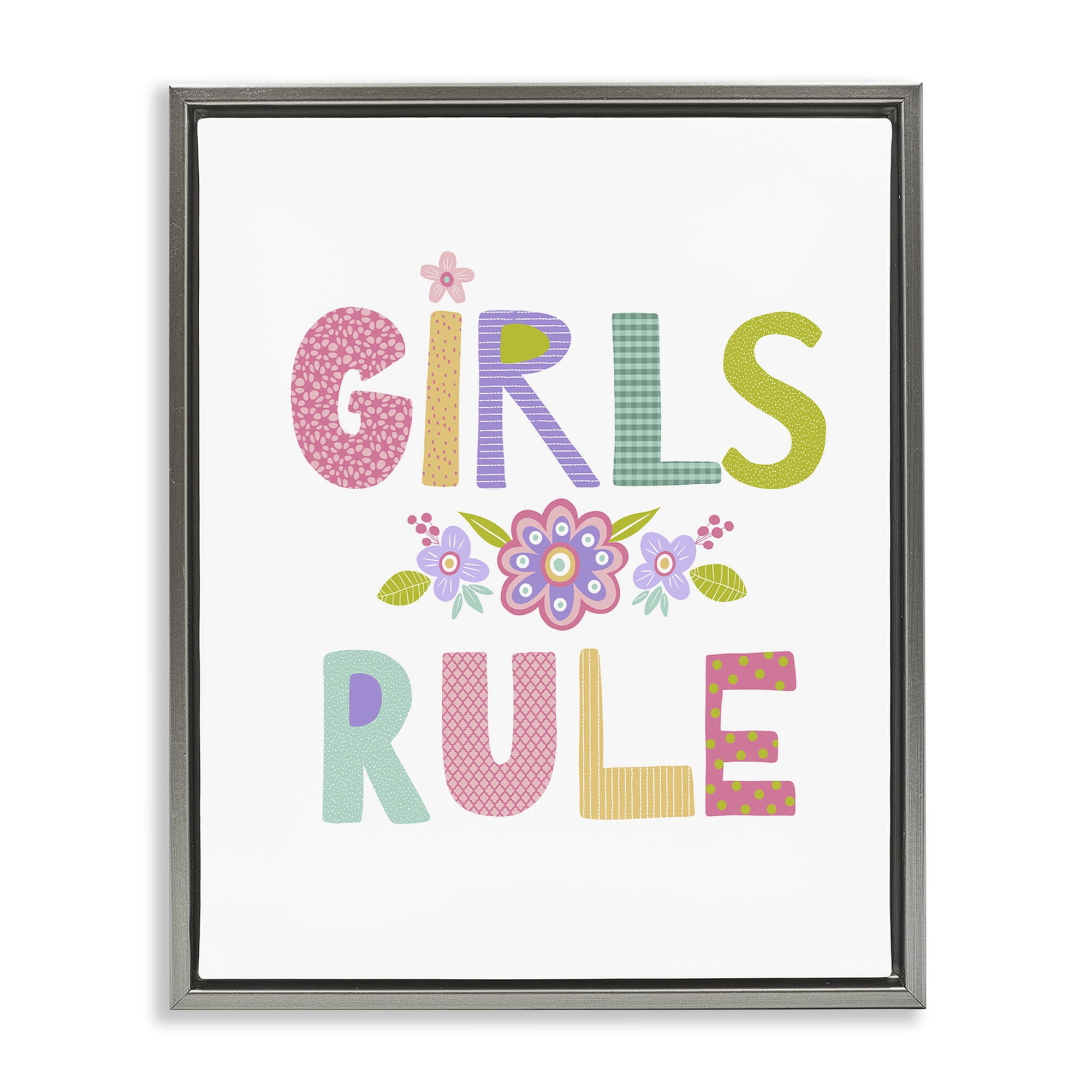 Stupell Industries Girls Rule with Flowers Botanical & Floral Painting Gray Floater Framed Art Print Wall Art, 25 x 31