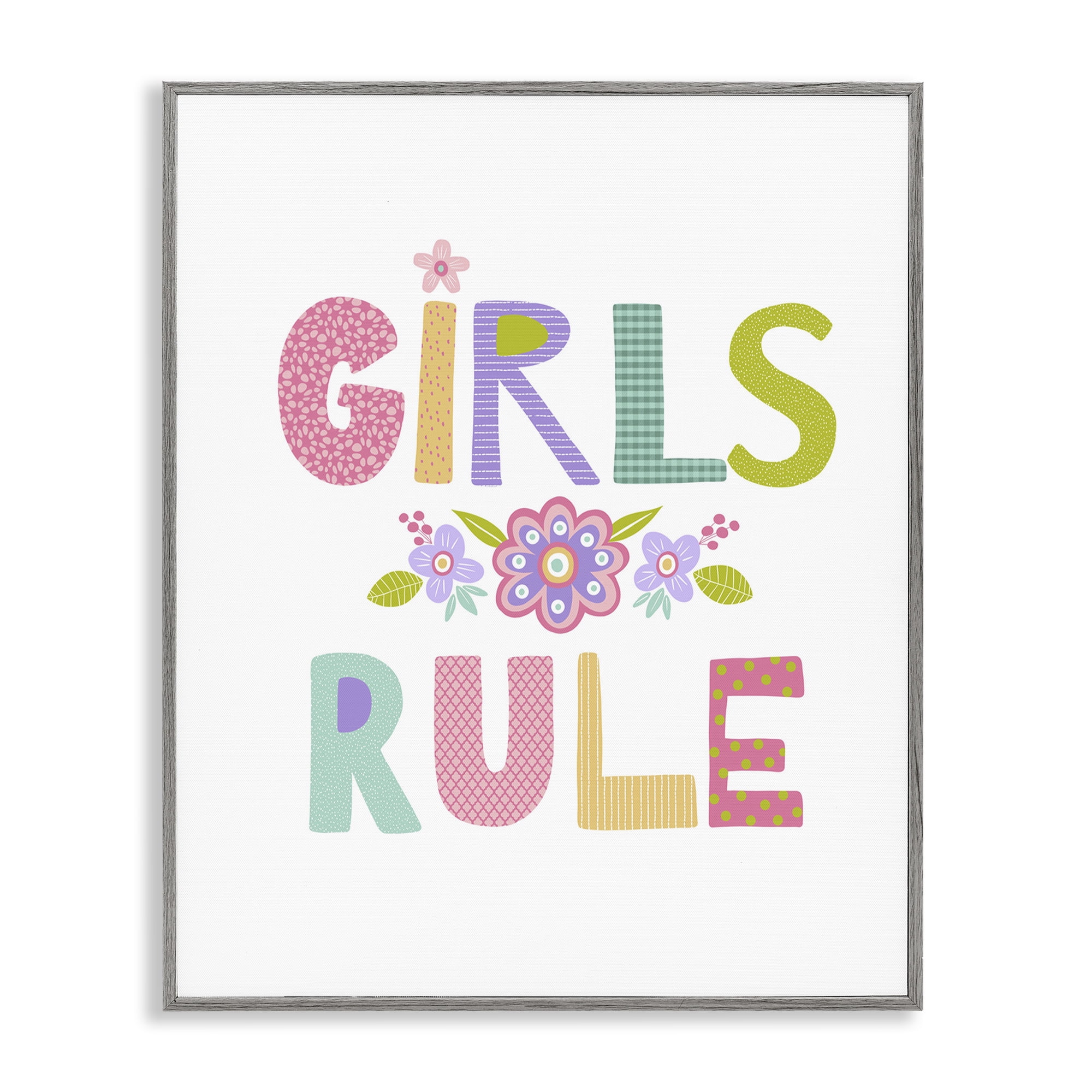 Stupell Industries Girls Rule with Flowers Botanical & Floral Painting Gray Framed Art Print Wall Art, 11 x 14