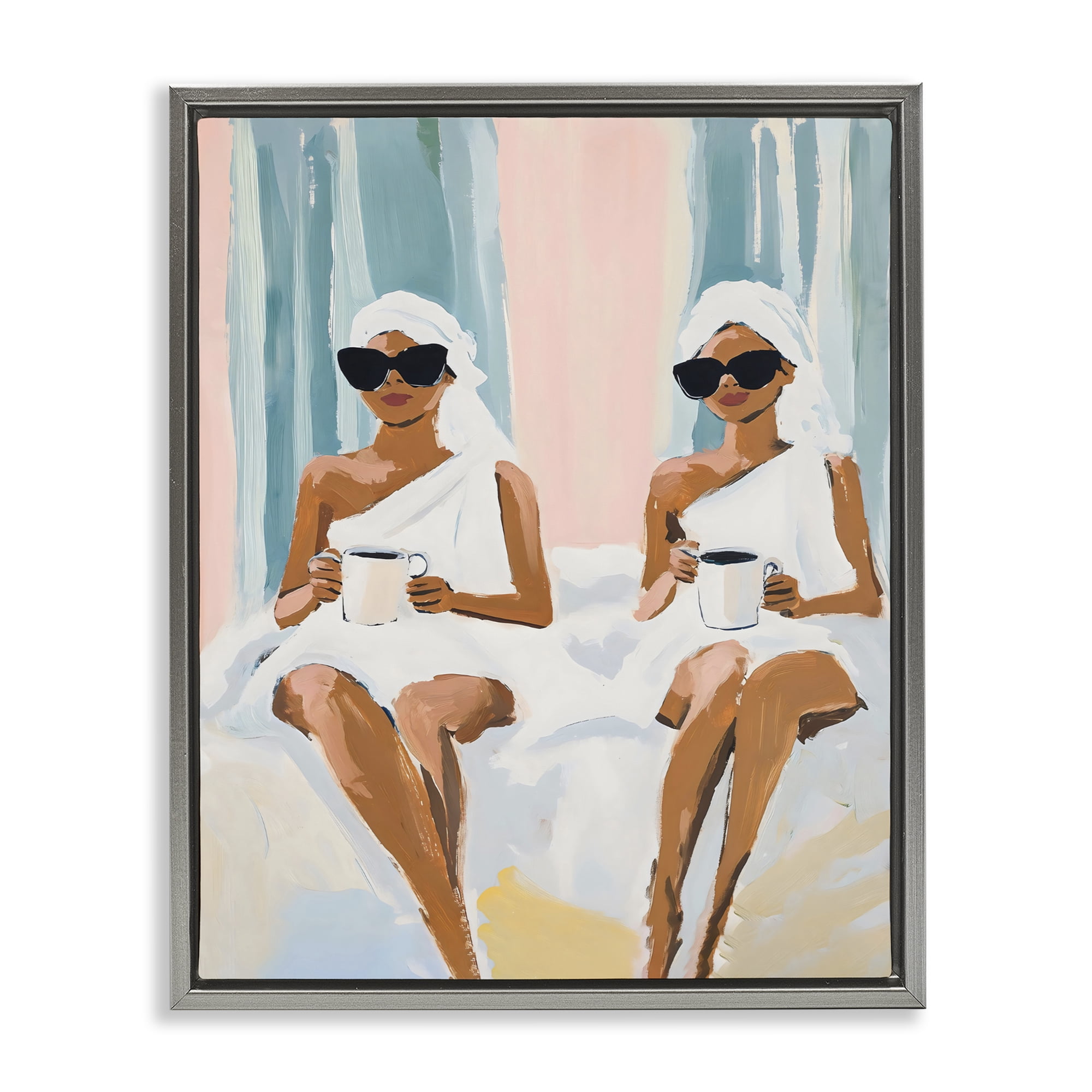 Stupell Industries Girls Spa Day with Coffee Gray Framed Floater Canvas Wall Art, design by The Prints Vibe
