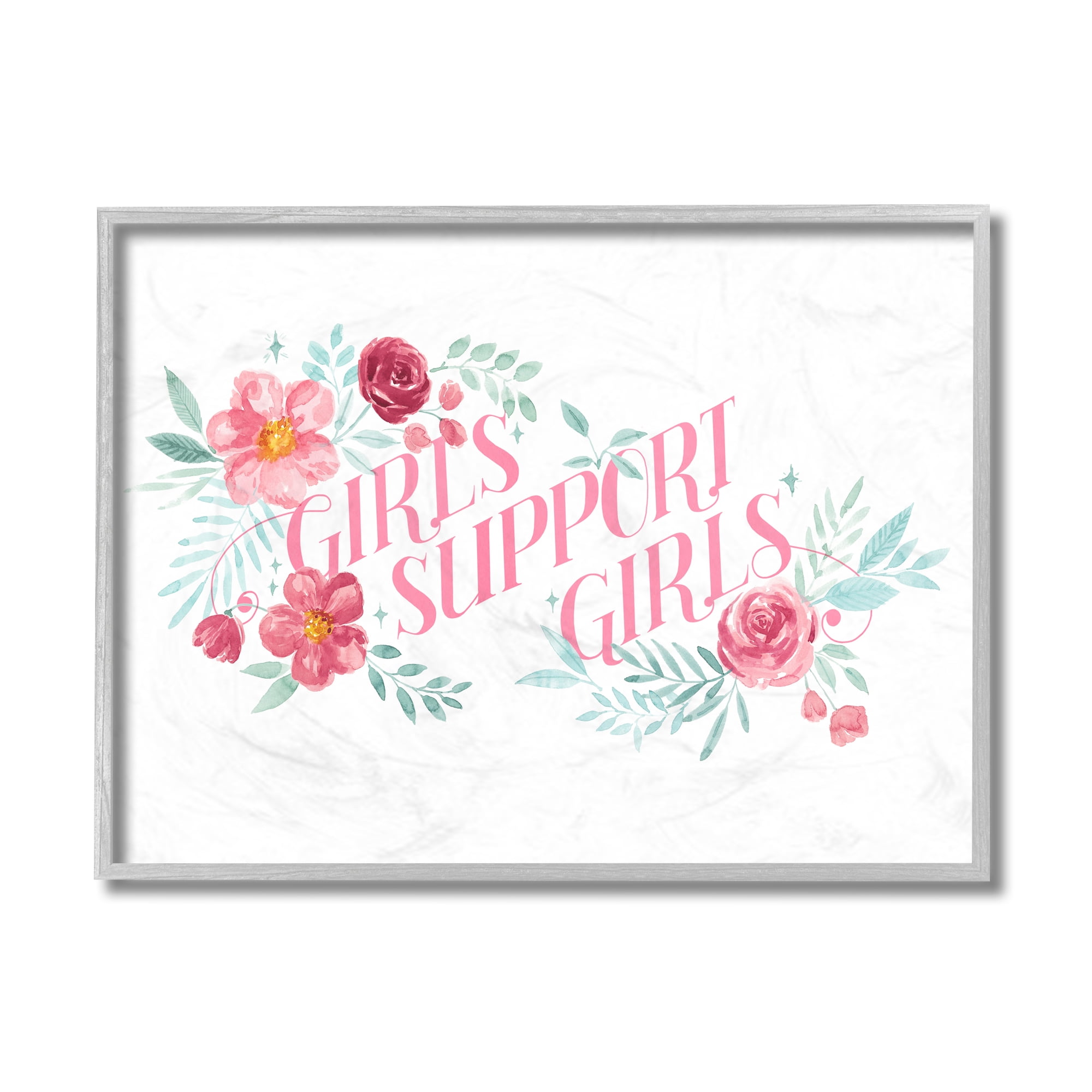 Stupell Industries Girls Support Girls Pink Phrase Rose Florals Gray Framed by Grace Popp