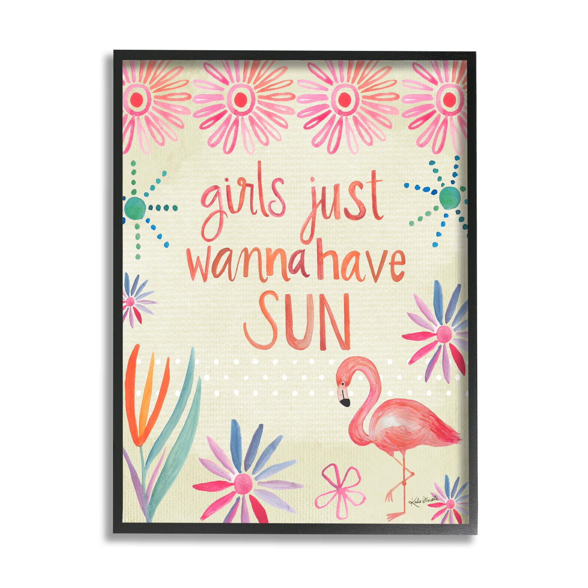 Stupell Industries Girls Wanna Have Sun Tropical Summer Floral Pattern Graphic Art Black Framed Art Print Wall Art, Design by Katie Doucette