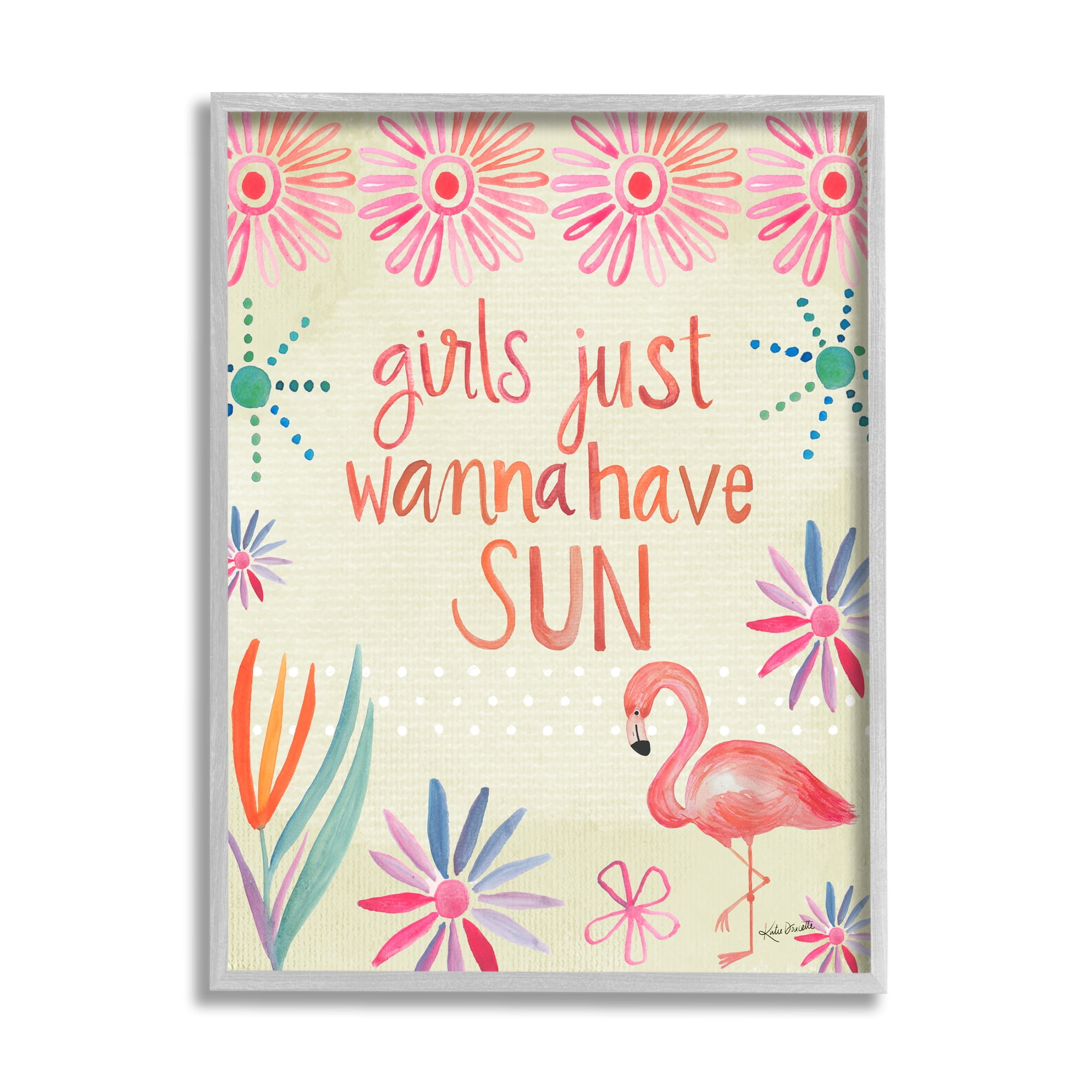 Stupell Industries Girls Wanna Have Sun Tropical Summer Floral Pattern Graphic Art Gray Framed Art Print Wall Art, Design by Katie Doucette