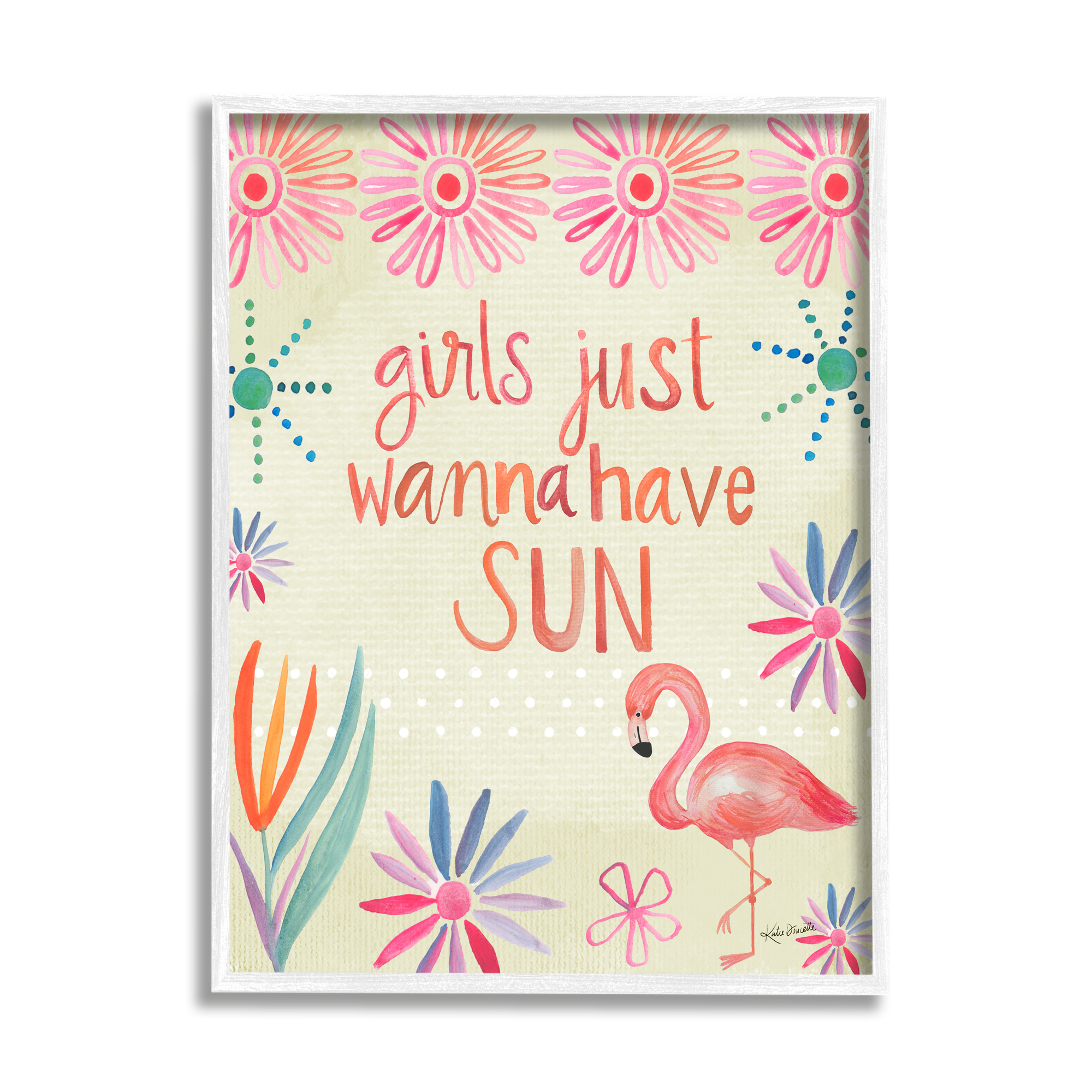 Stupell Industries Girls Wanna Have Sun Tropical Summer Floral Pattern Graphic Art White Framed Art Print Wall Art, Design by Katie Doucette