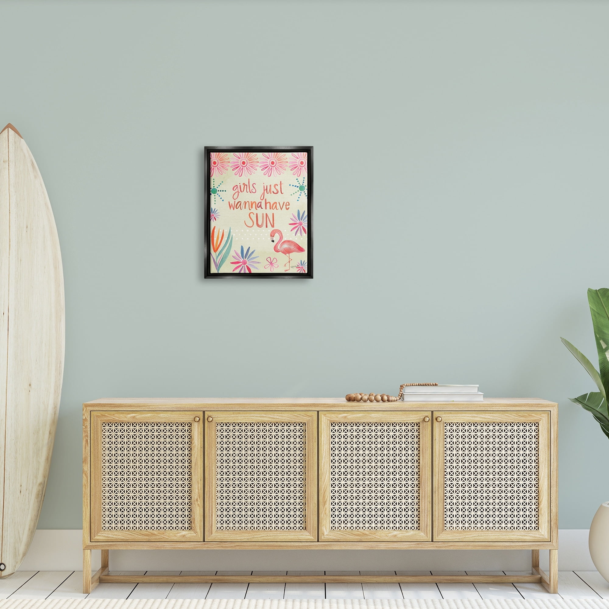 Stupell Industries Girls Wanna Have Sun Tropical Summer Floral Pattern Graphic Art Jet Black Floating Framed Canvas Print Wall Art, Design by Katie Doucette