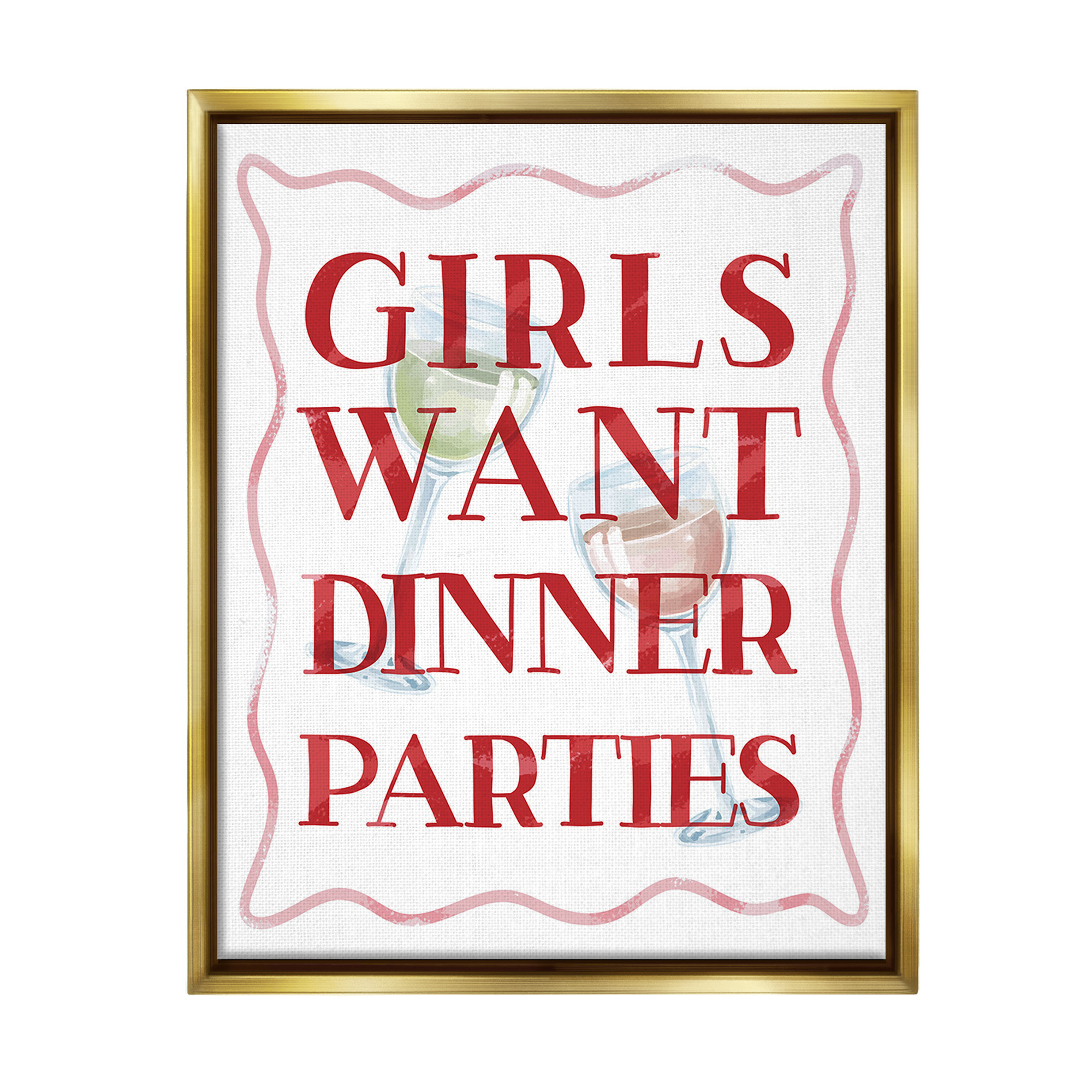 Stupell Industries Girls Want Dinner Parties Food & Beverage Painting Gold Floater Framed Canvas Art Print Wall Art, 17 x 21