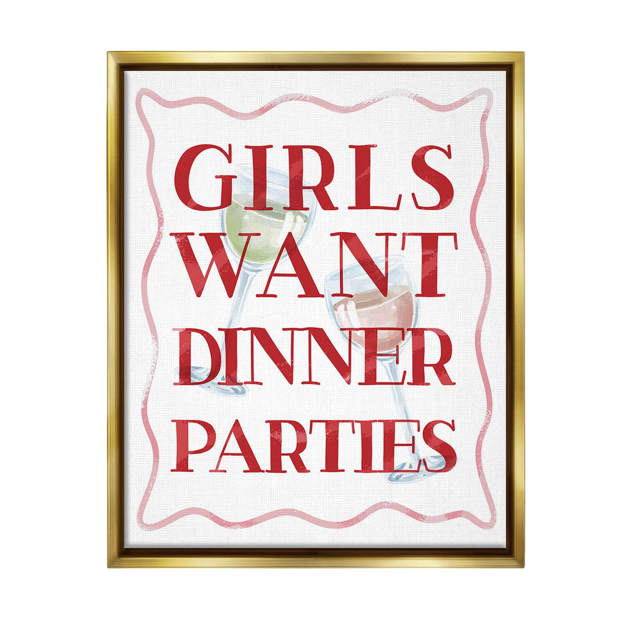 Stupell Industries Girls Want Dinner Parties Food & Beverage Painting Gold Floater Framed Canvas Art Print Wall Art, 25 x 31