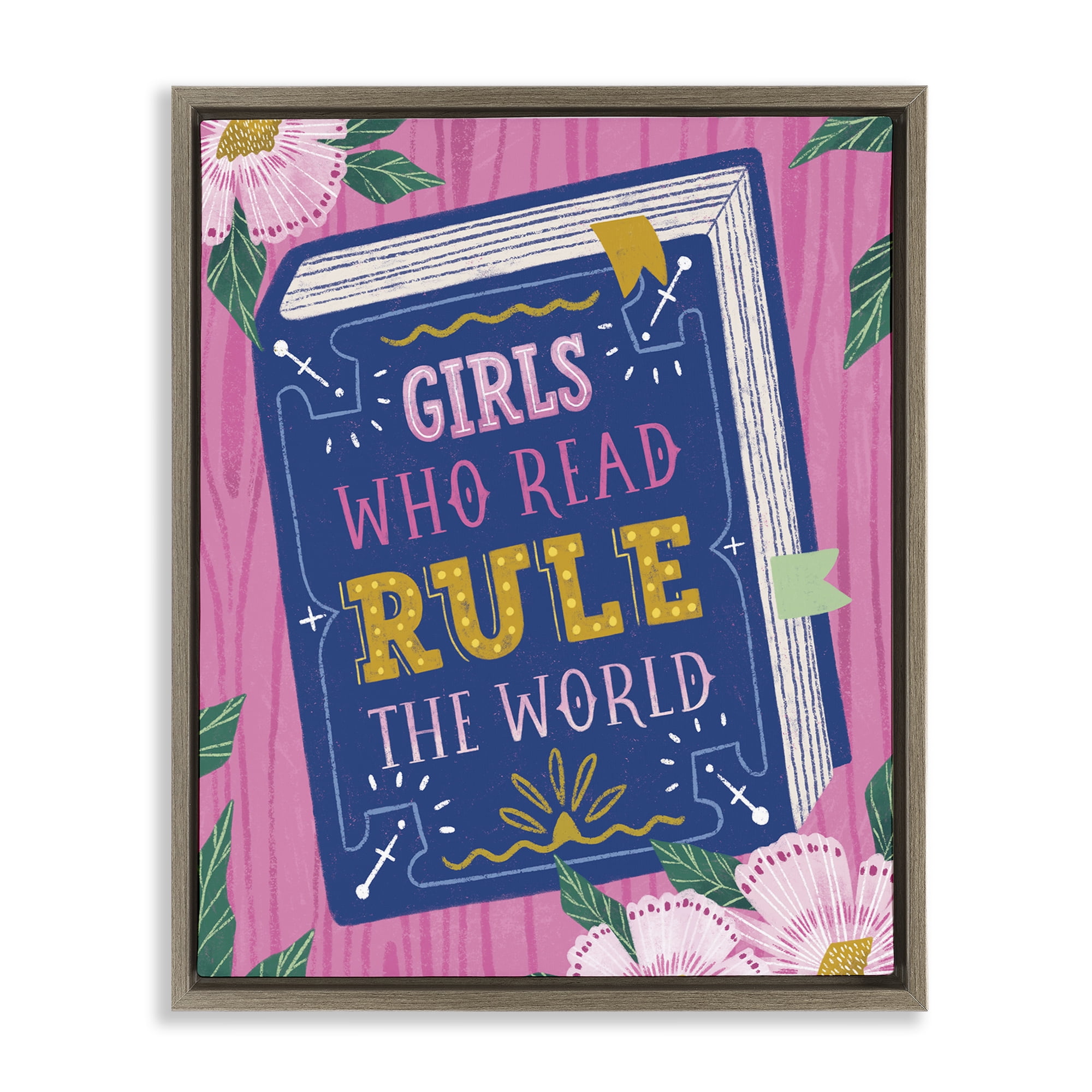 Stupell Industries Girls Who Read Inspirational Brown Framed Floater Canvas Wall Art, design by Vanessa Stoilova