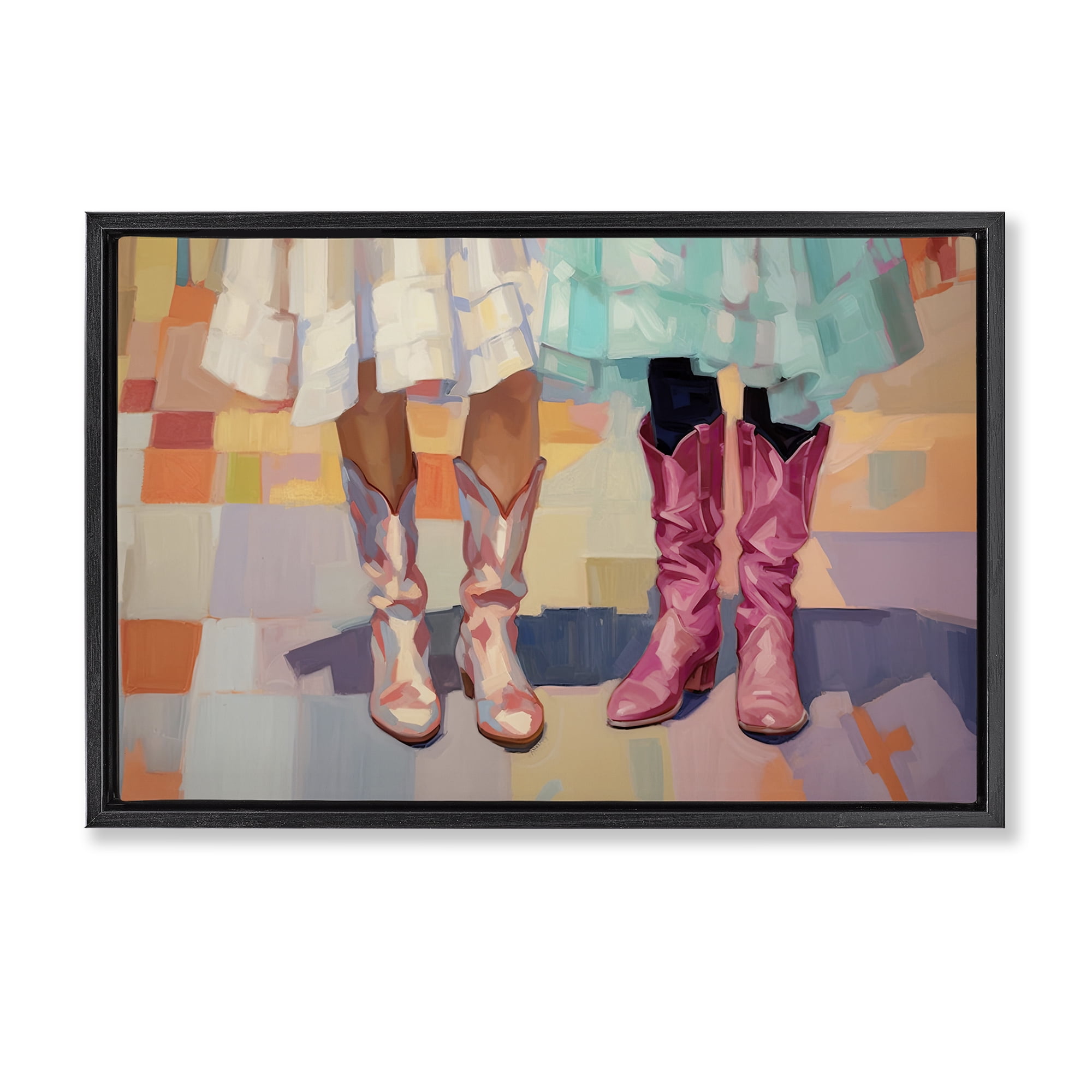 Stupell Industries Girls in Cowboy Boots People Painting Black Floater Framed Canvas Art Print Wall Art, 31 x 21