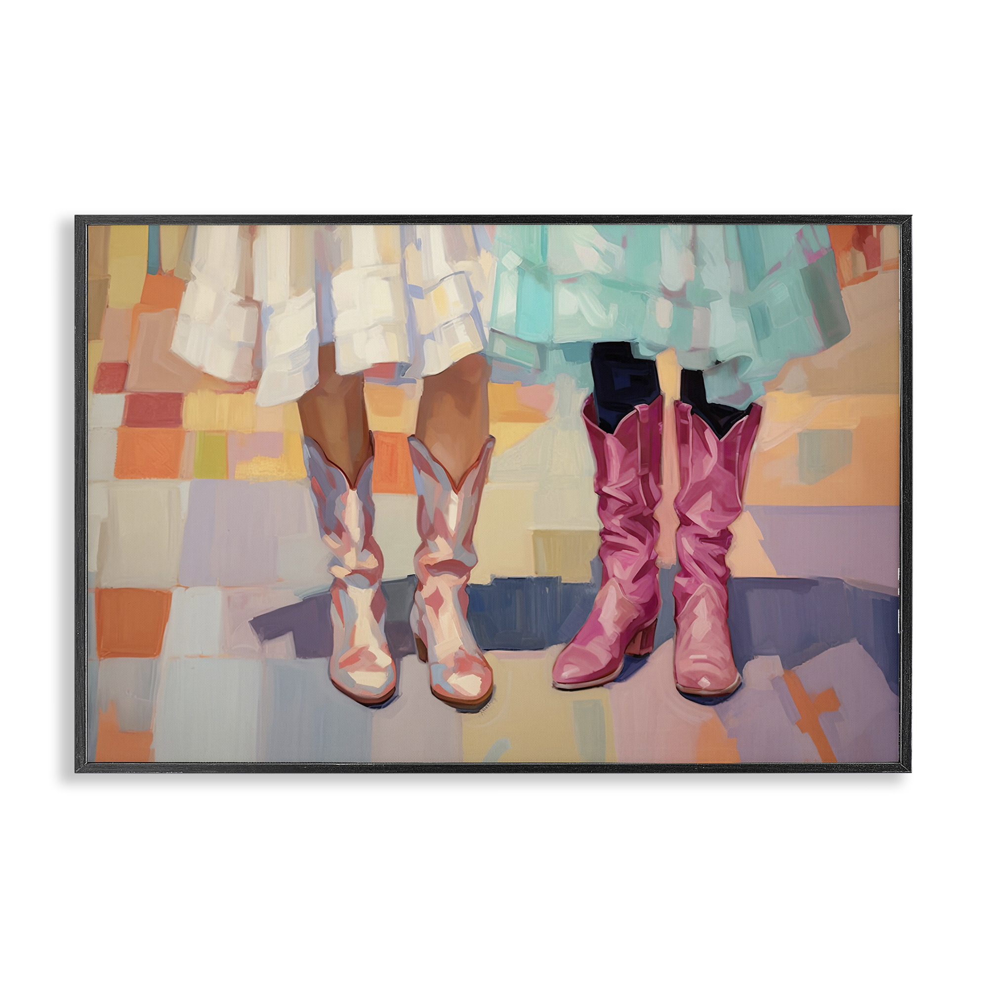 Stupell Industries Girls in Cowboy Boots People Painting Black Framed Art Print Wall Art, 30 x 20