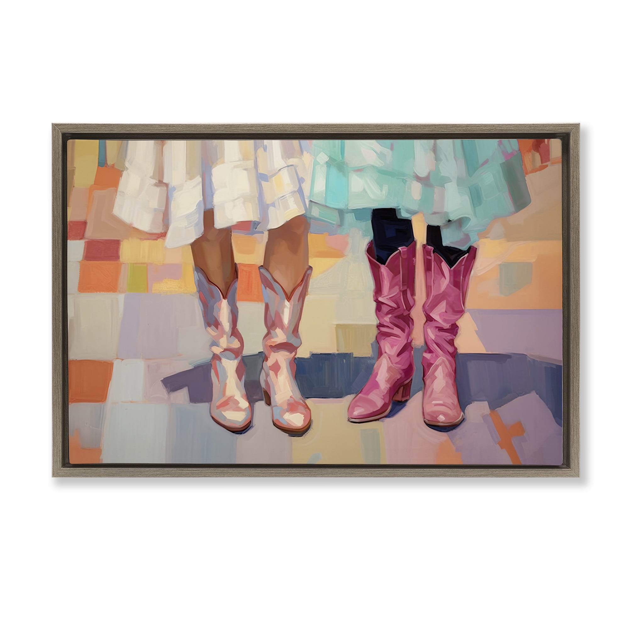 Stupell Industries Girls in Cowboy Boots People Painting Brown Floater Framed Canvas Art Print Wall Art, 25 x 17
