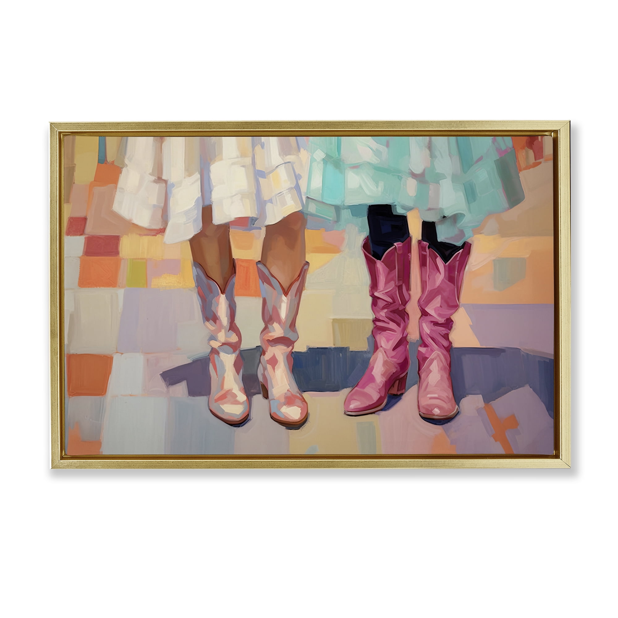 Stupell Industries Girls in Cowboy Boots People Painting Gold Floater Framed Canvas Art Print Wall Art, 25 x 17