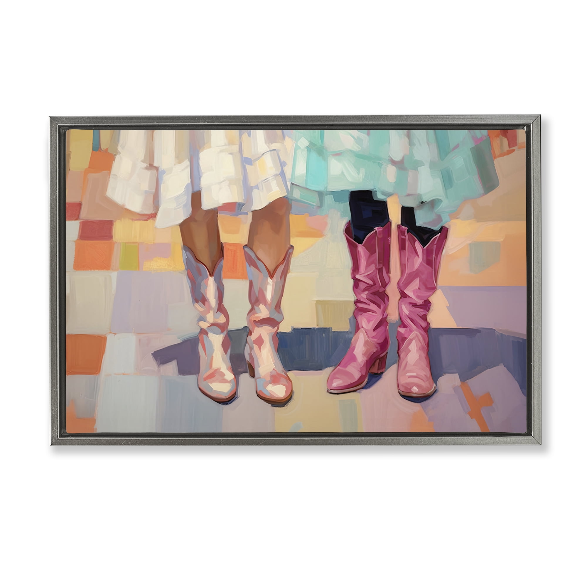 Stupell Industries Girls in Cowboy Boots People Painting Gray Floater Framed Canvas Art Print Wall Art, 31 x 21