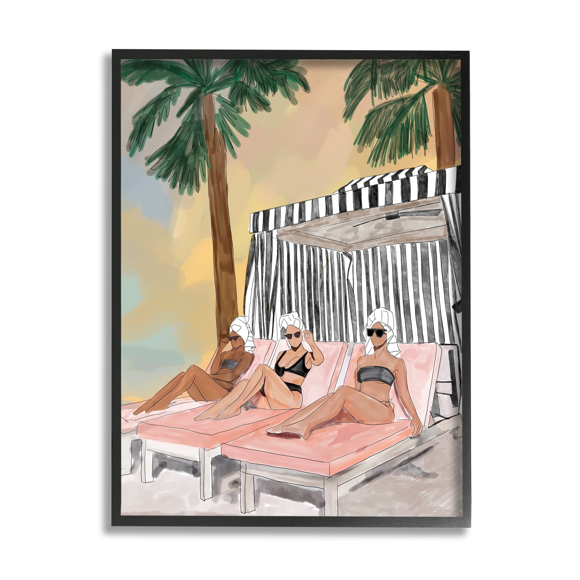 Stupell Industries Girls in Summer Beach Canopy Coastal Painting Black Framed Art Print Wall Art