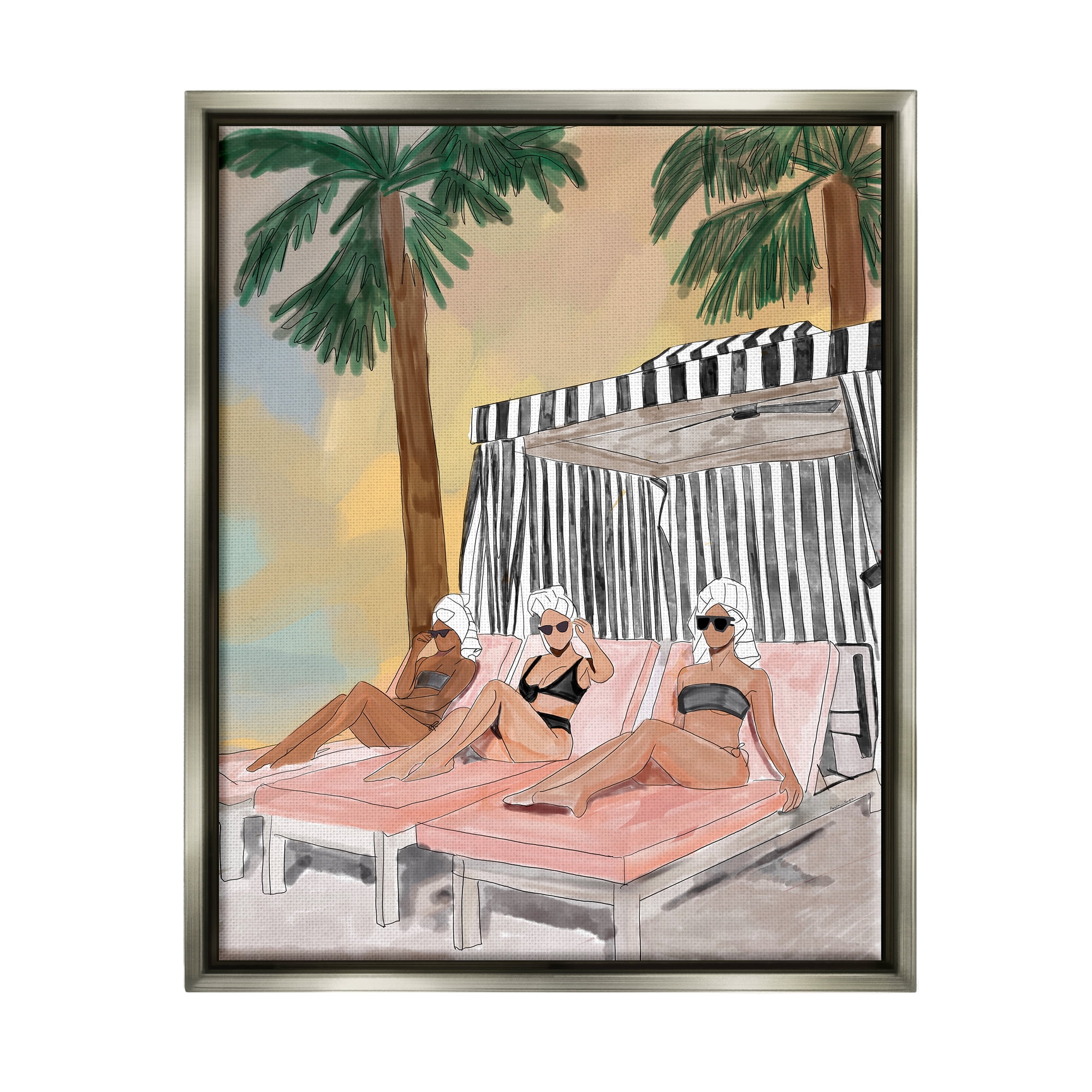Stupell Industries Girls in Summer Beach Canopy Coastal Painting Gray Floater Framed Art Print Wall Art