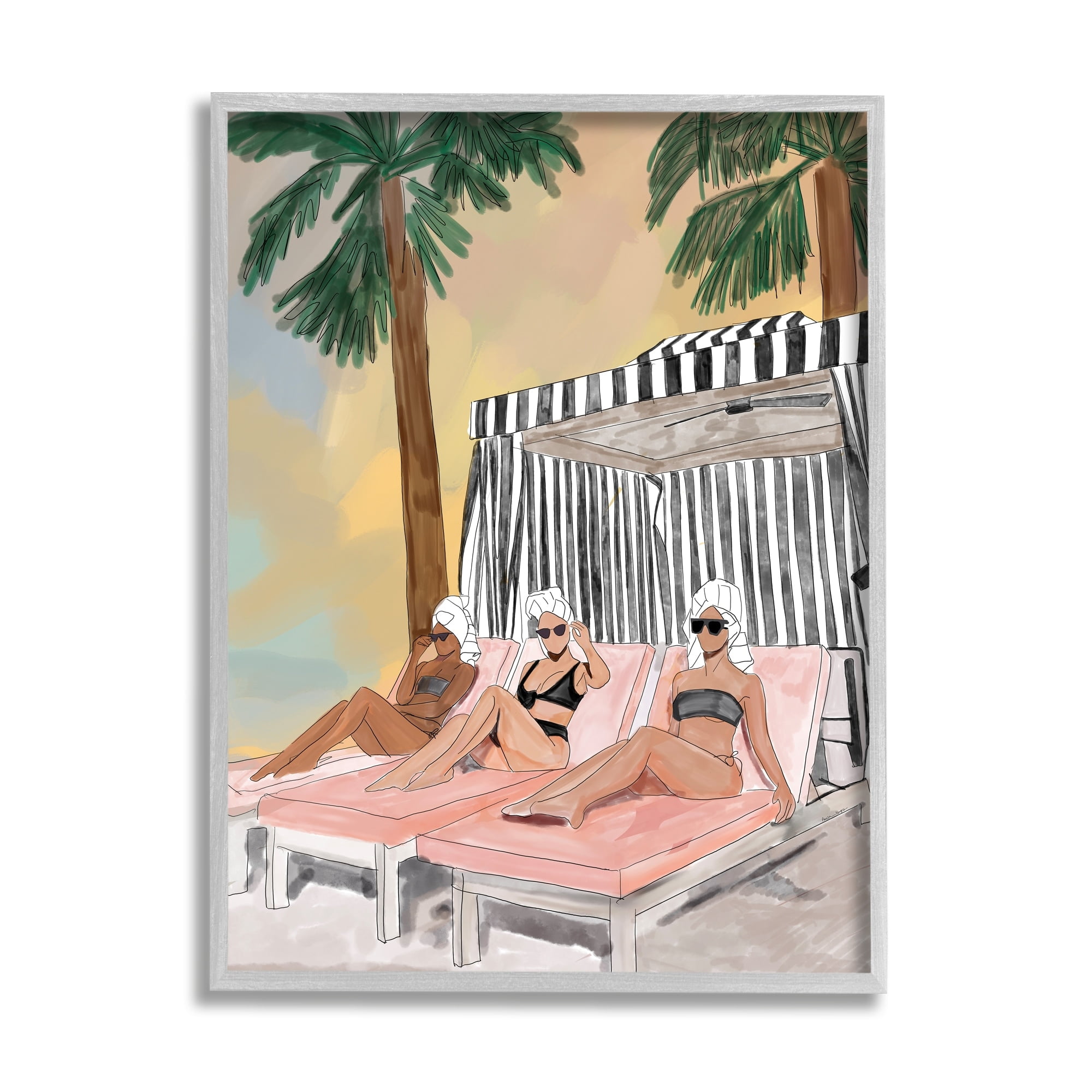 Stupell Industries Girls in Summer Beach Canopy Coastal Painting Gray Framed Art Print Wall Art