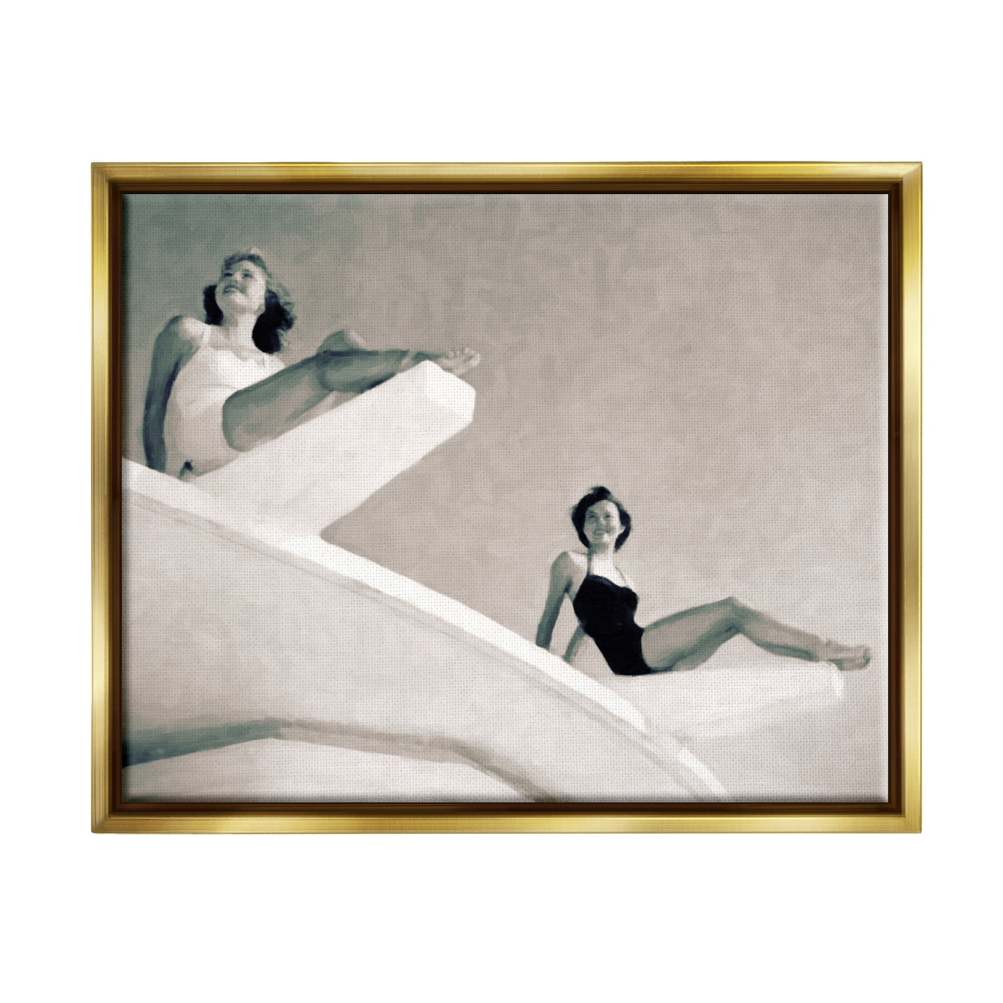 Stupell Industries Girls on Diving Boards Novelty Photography Gold Floater Framed Art Print Wall Art, 31 x 25
