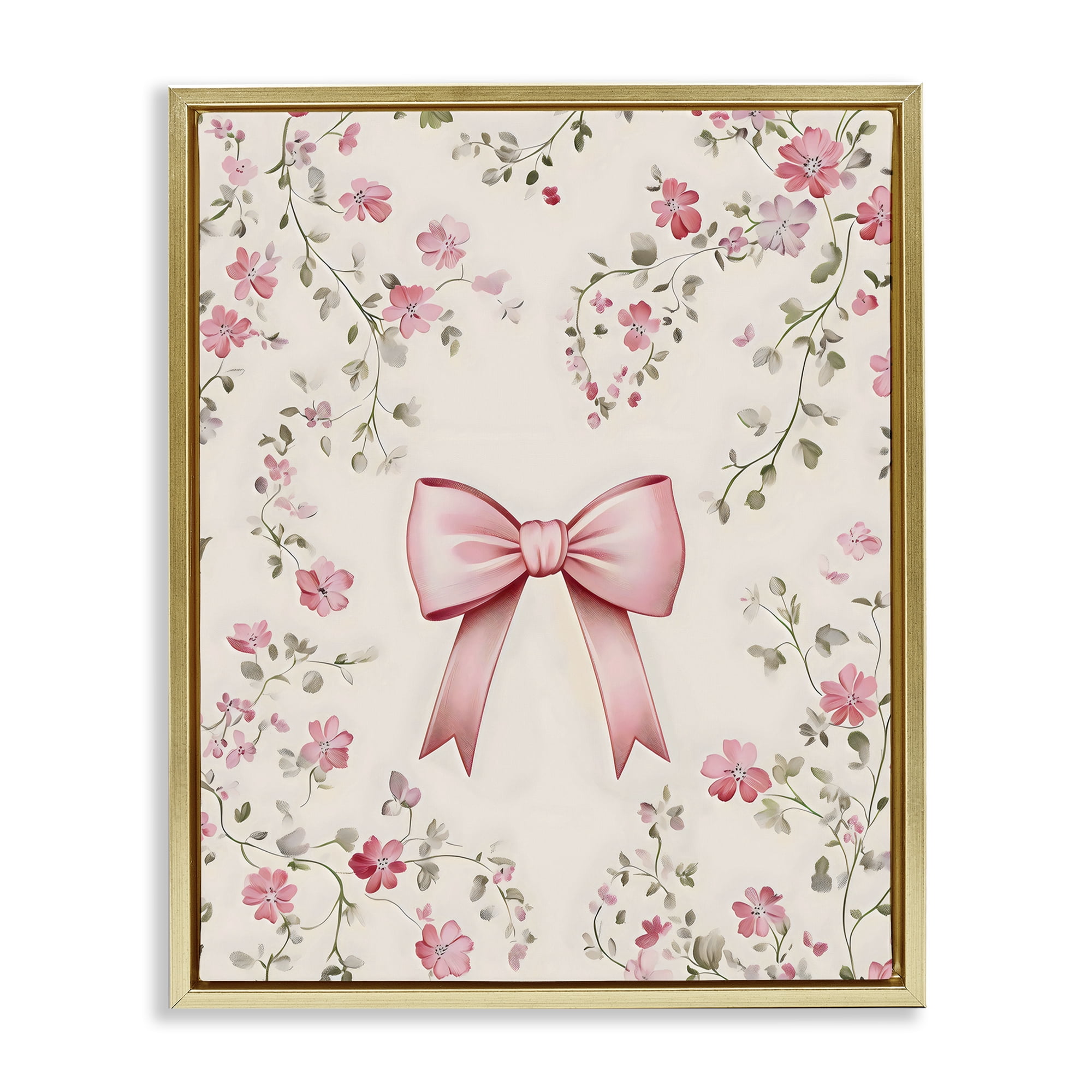 Stupell Industries Girly Ribbon Bow Gold Framed Floater Canvas Wall Art, design by Arlington Prints