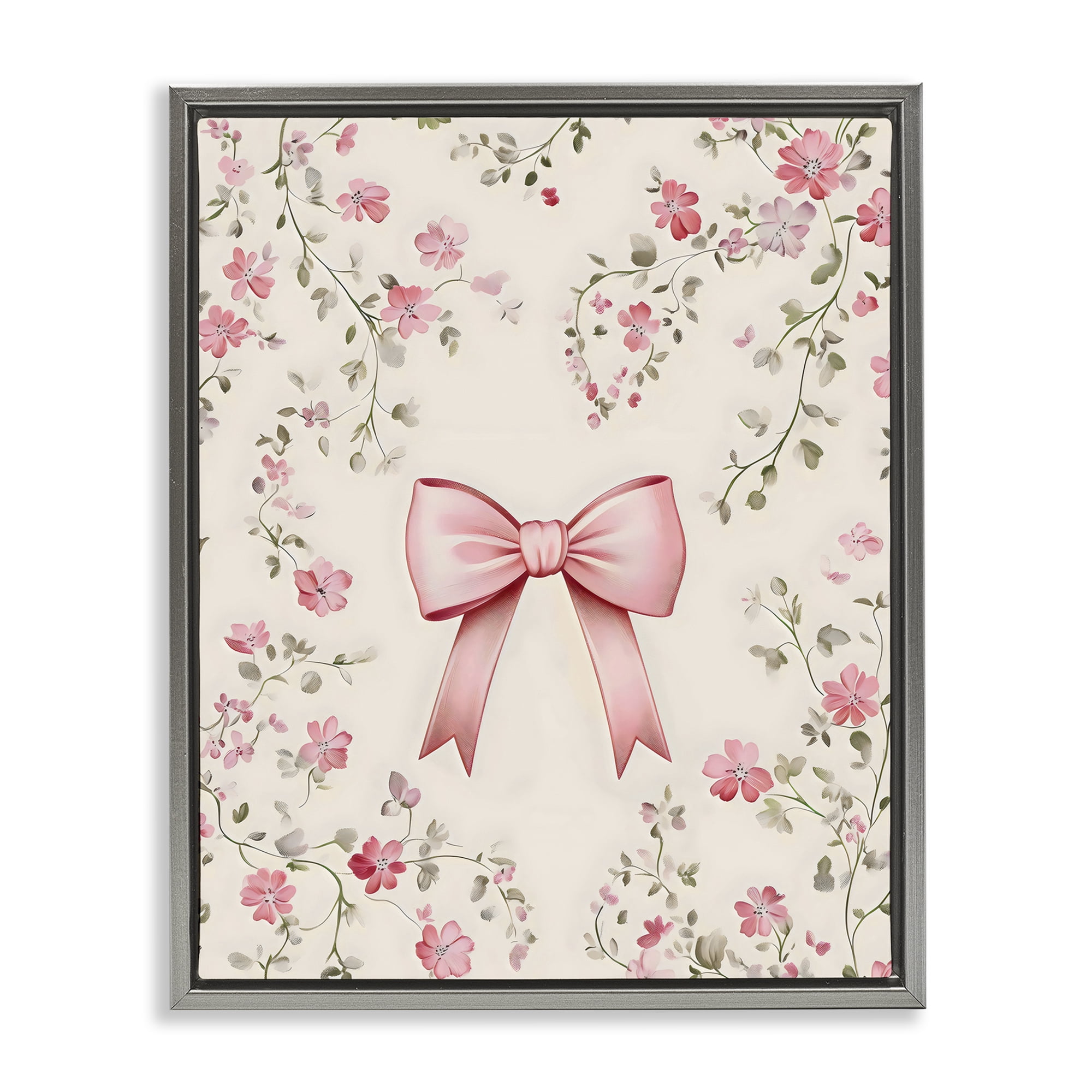 Stupell Industries Girly Ribbon Bow Gray Framed Floater Canvas Wall Art, design by Arlington Prints